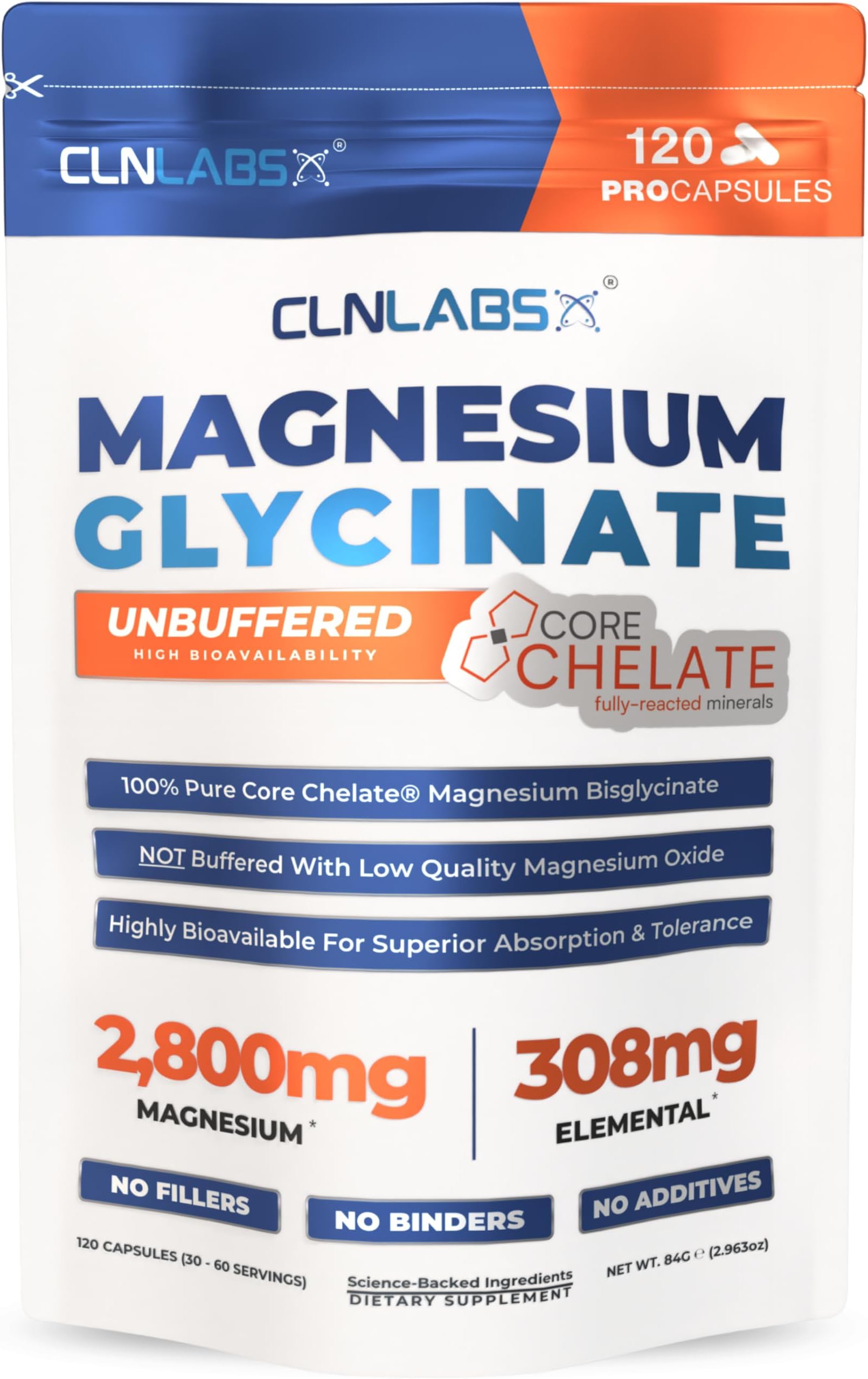 CLN Labs Magnesium Glycinate Chelated Bisglycinate | 120 High Strength Capsules | 2800mg Magnesium, 308mg Elemental Magnesium per Serving | Highly Bioavailable for Muscle Support and Restful Sleep