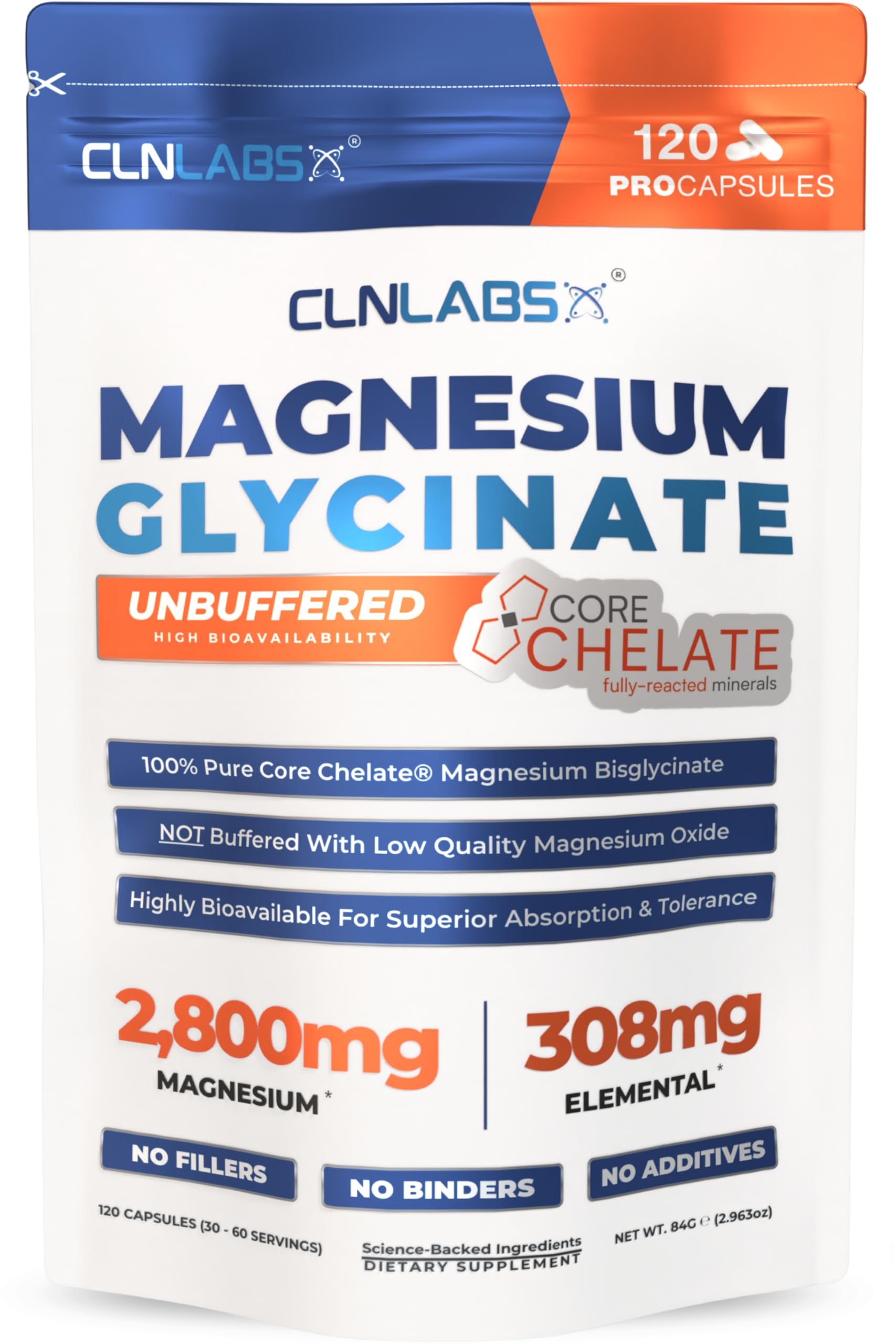Magnesium Glycinate (Chelated Bisglycinate) | 120 High Strength Capsules | 2800mg (308mg Elemental Magnesium per Serving) | Highly Bioavailable