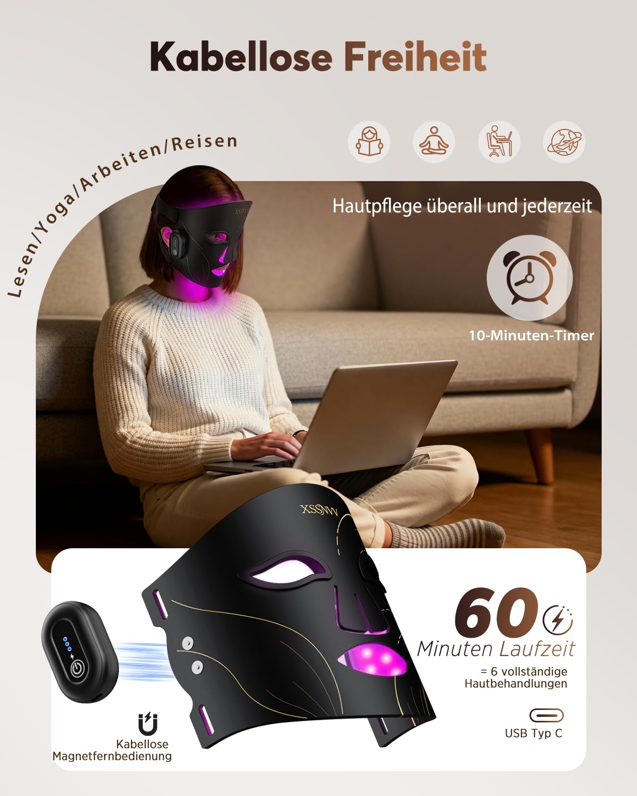 LED Maske Gesicht, Kabellos Lichttherapie Gesichtsmaske, 4 Modi für Anti-Aging, Hautklärung, Entzündungshemmend, Beruhigend, rote/blau LED, Aufladbar Rotlichtlampe Gesicht, Schönheitsgeschenke