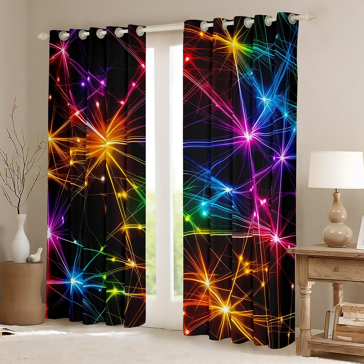 Homemissing Neon Light Stripes Curtains(2 Panels,W66*L72) For Kids Boys Girls Teens Modern Abstract Art 30%-50% Darkening Blackout Window Curtains Colorful Stripe Line Window Treatments - Image 2