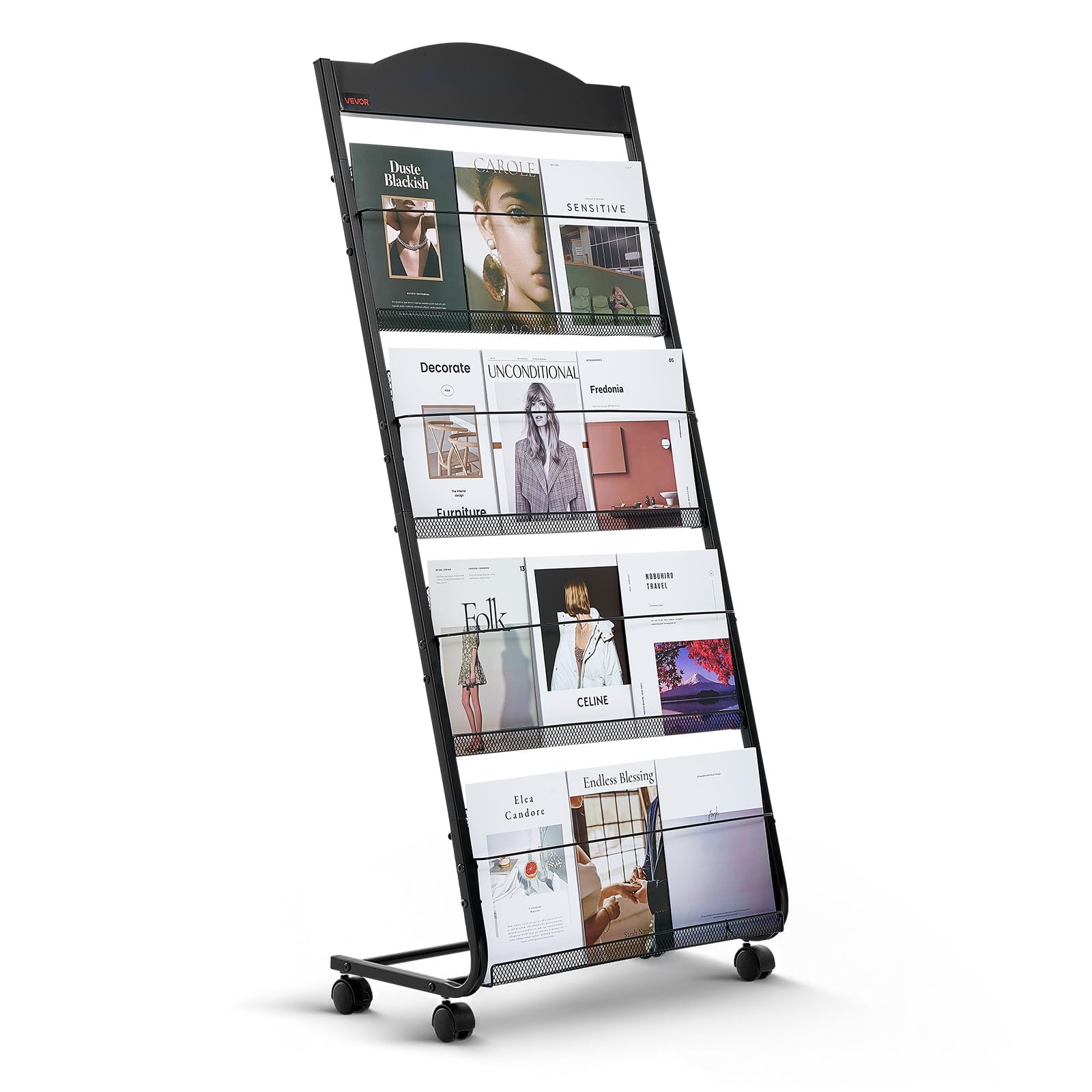 VEVOR Présentoir à brochures 4 niveaux, porte-​brochures sur pied avec roulettes, porte-​revue robuste pour journaux, présentoir à magazines mobile pour expositions, bureaux, hôtels, salons artisanaux