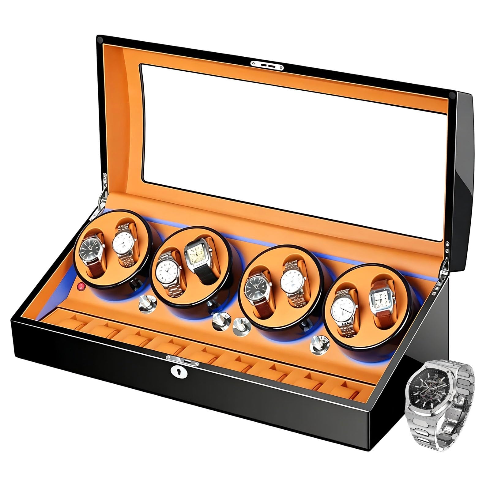 Rotomat XXL na 8 Zegarków Obrotowych i 17 Łącznie z Zamkiem, Silnik 10dB, Watch Winder z Czujnikiem Bezpieczeństwa i Oświetleniem LED, Flagowy Design Kolekcjonerski