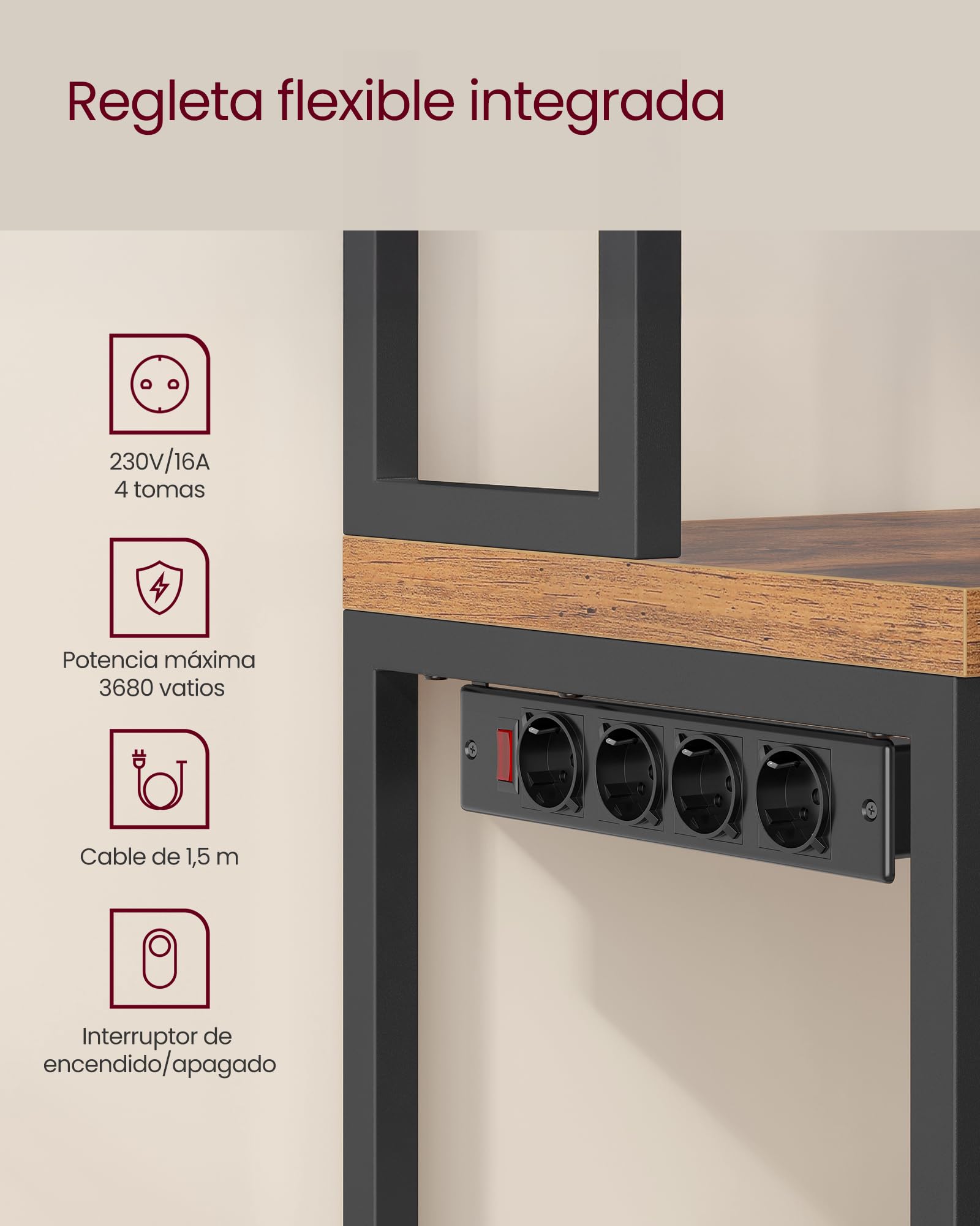 VASAGLE Estantería de Cocina con Enchufes, Altura de 90 cm, Estantería para Microondas con 8 Ganchos, 40 x 60 x 170 cm, Marrón Rústico y Negro Tinta KKS058K02