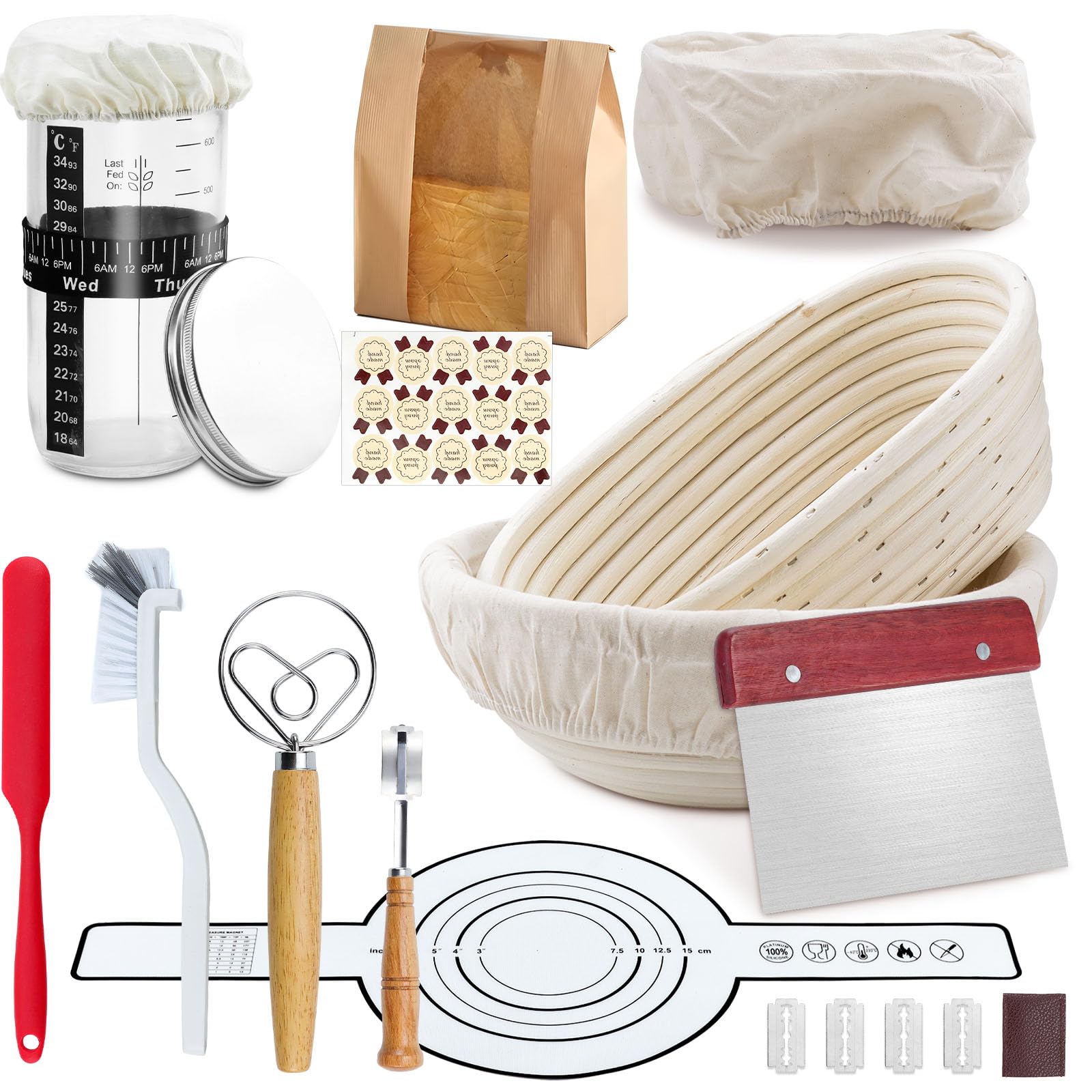 Lot de 12 Kit Complet de Levain avec 2 Paniers de Pousse | Comprend 2 Paniers Ovale 25cm et Rond 23cm, Toile Silicone, Pot à Levain, Mélangeur à Pâte, Raclette, Corne
