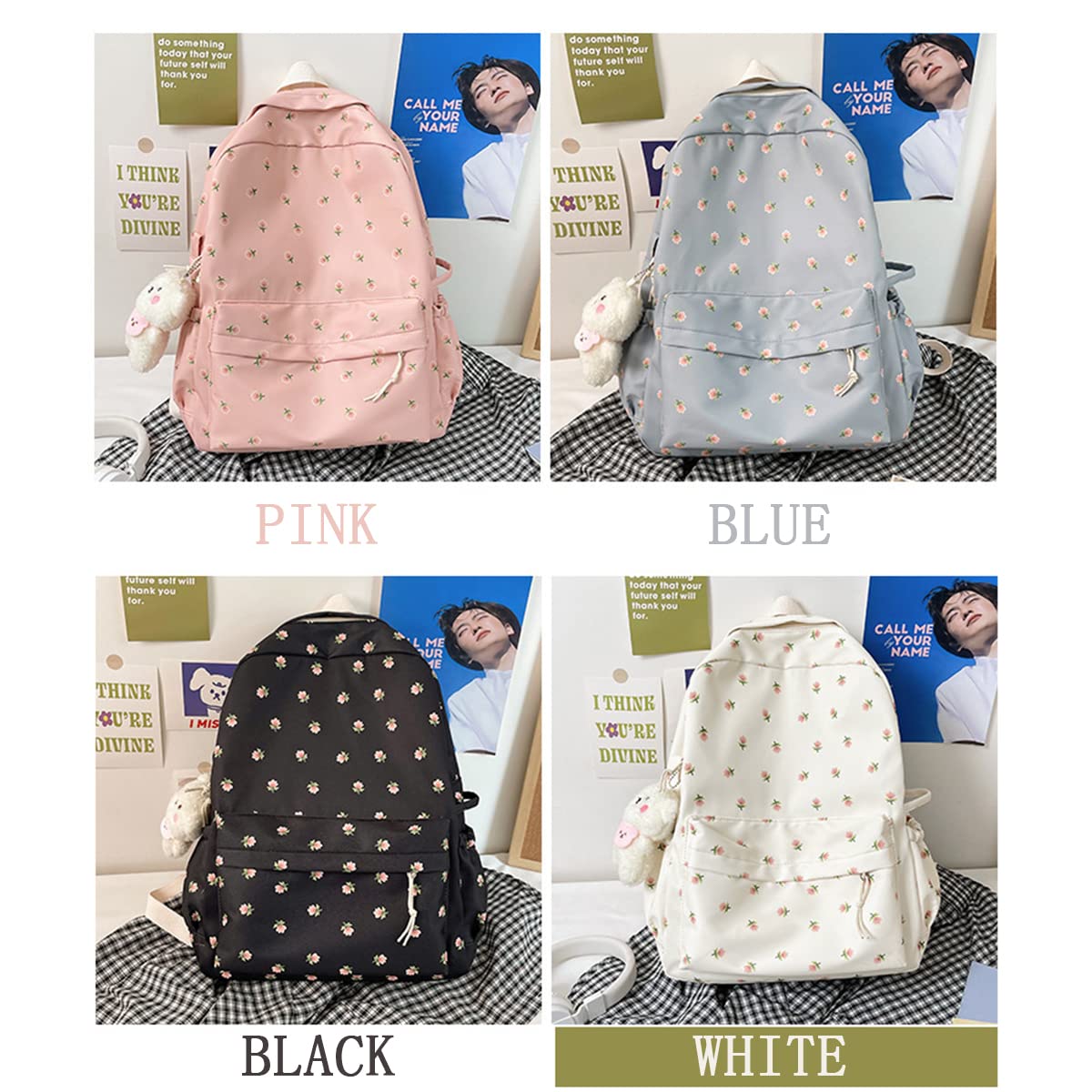 Mochila Kawaii Set Cuatro Piezas Con Accesorios Color Azul Oscuro Diseño De La Tela Nylon