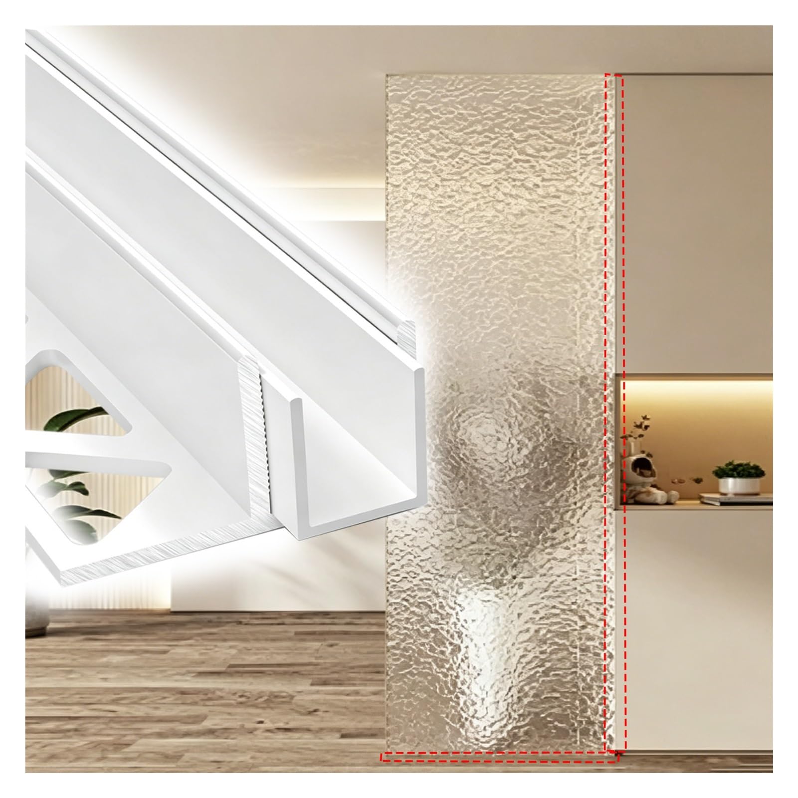 Bedroom Glass Fixed Channel 40 55 60 in, Embedded Partitions Panels Retaining Track for Stabilizing Support, Rustproof Retainer Trim Slot for 3/8"(10mm)(White,L160cm/63in)