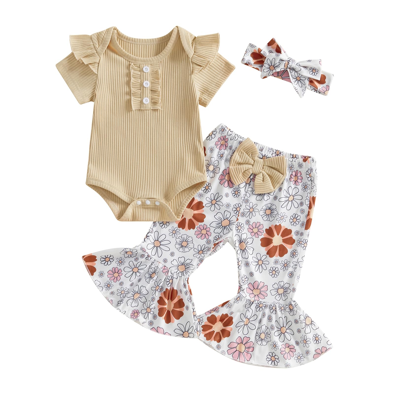 MERSARIPHY Baby Girl Bell Bottom Outfit Infant Newborn Western Summer Clothes Short Sleeve Ruffle Romper Tops Flare Pant