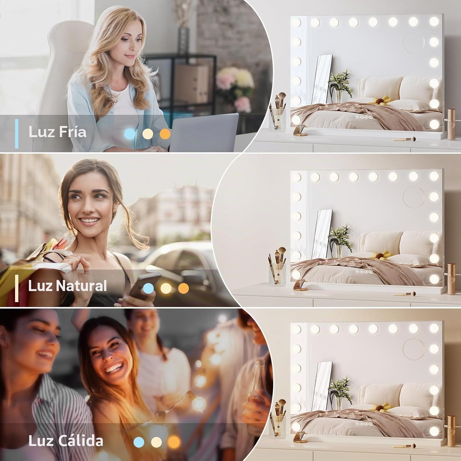 Espejo de Maquillaje con Bluetooth, 80 x 60 cm, Espejo tocador con Luces de 18 LED Hollywood, montado en la Pared o en la Mesa, 3 Colores de luz y función de Brillo Ajustable