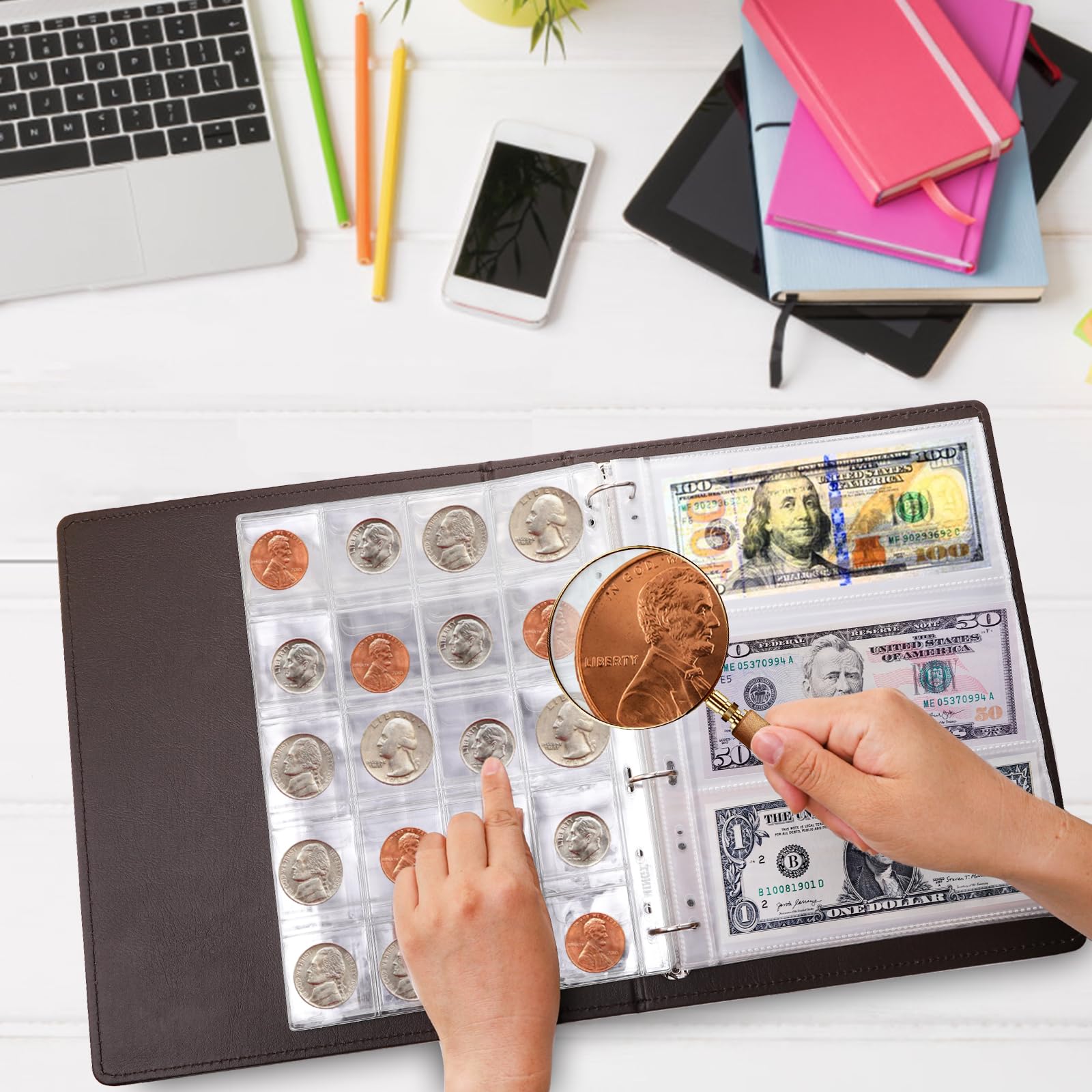 Jucoan 360 Pockets Coin Currency Collection Book Holder for Collectors, 300 Pockets Coin Collection Album and 60 Sleeves Paper Money Banknote Binder, Coin Currency Collection Supplies, Brown