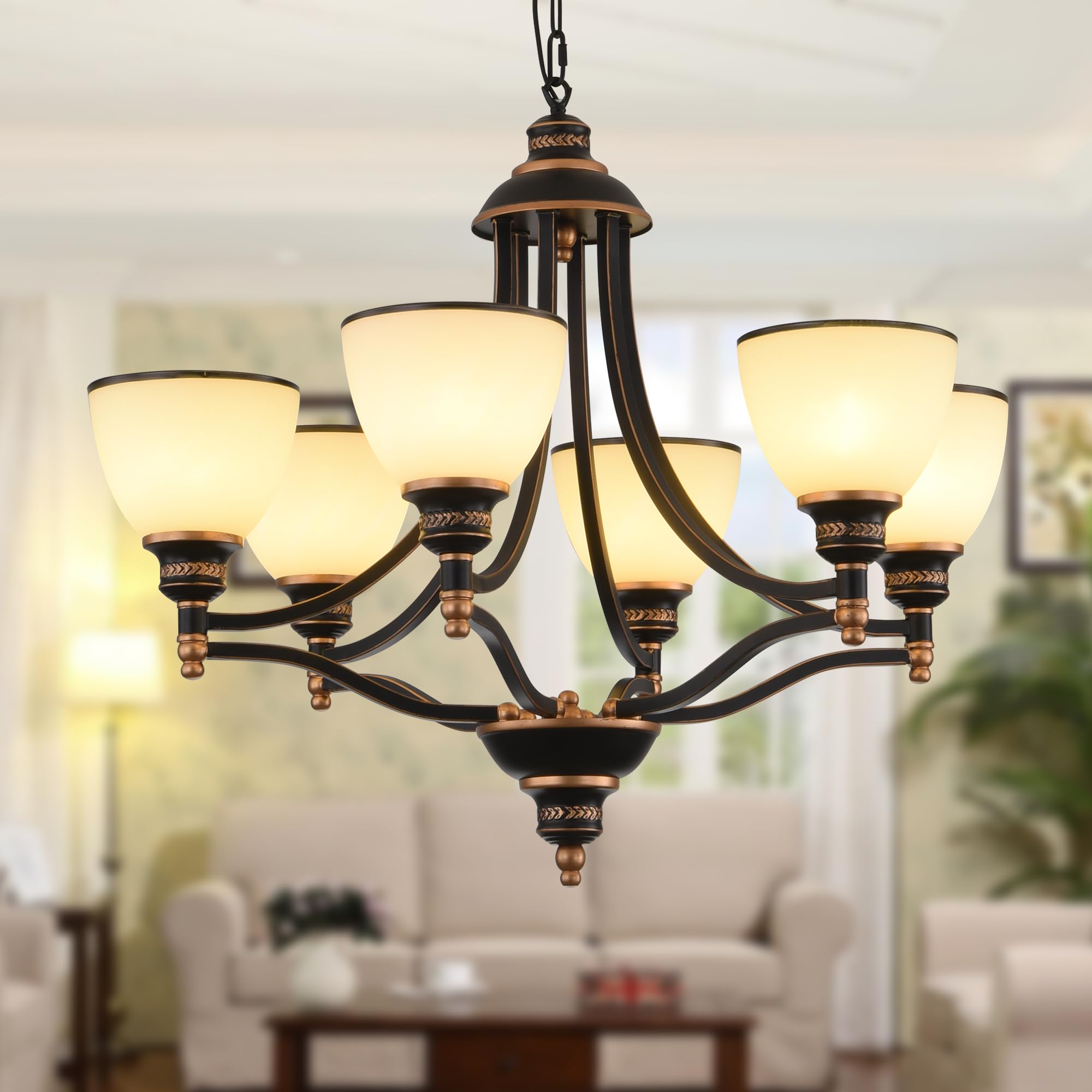 Ganeed Vintage Chandelier Oil Rubbed Frosted Glass Bronze 6 Lights
