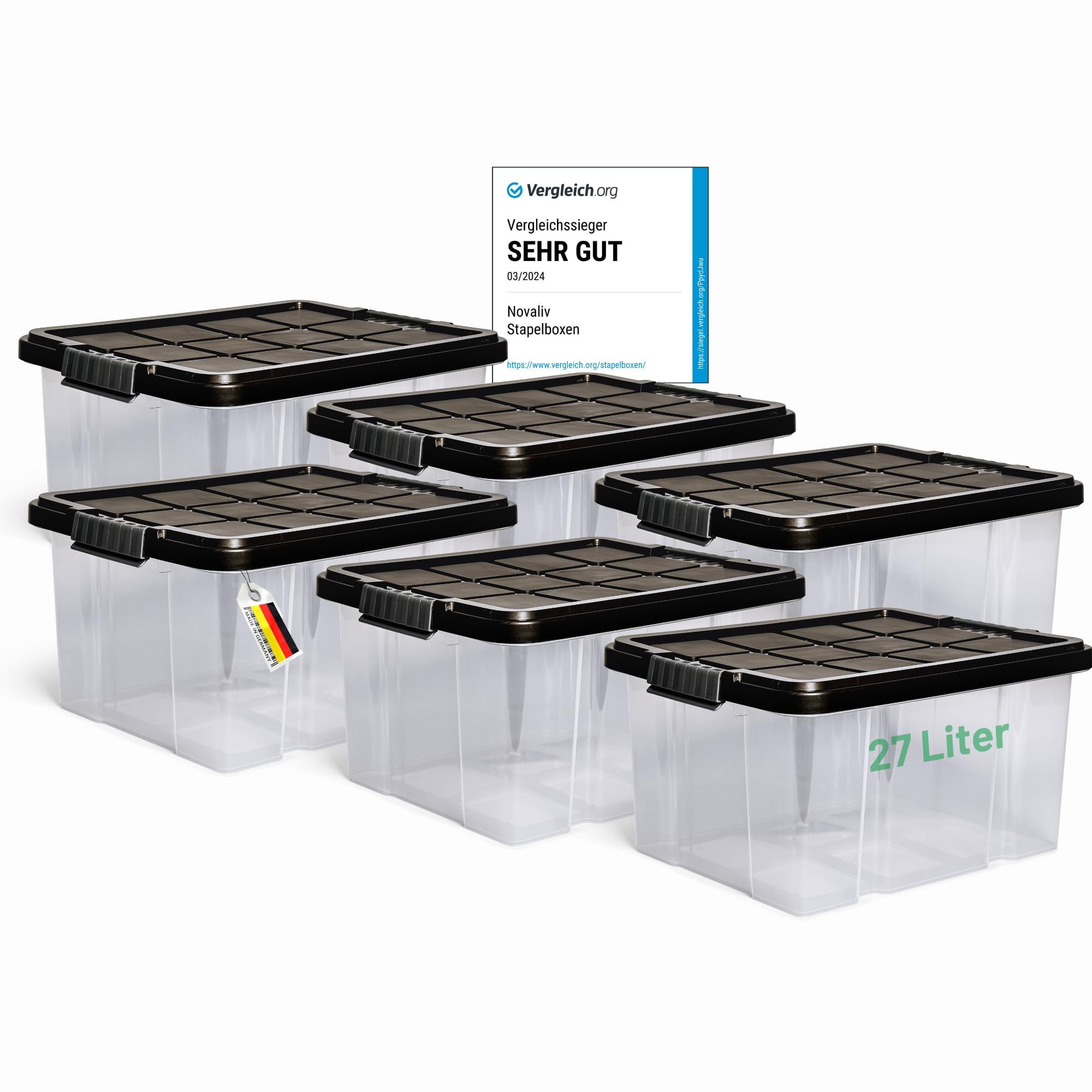 Novaliv 6x Aufbewahrungsboxen mit Deckel 27L Anthrazit Nestbar stapelbare Storage boxes mit Clipverschluss Kunststoffbox BPA-frei 46,5x36,5x24 cm