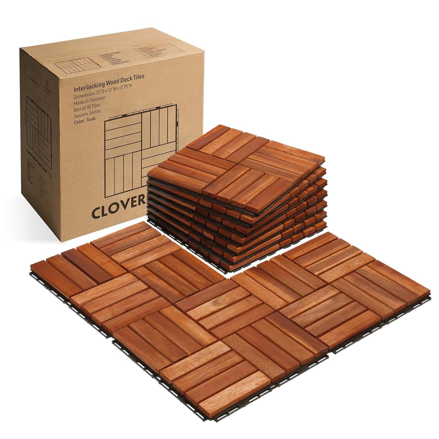 10 PCs Interlocking Deck Tiles, 12x12 inches Waterproof Wood Patio Floor Tiles for Indoor and Outdoor, Easy Snap Flooring, Balcony, Garden, Square Joints, Teak 16S-Teak-Square Joint