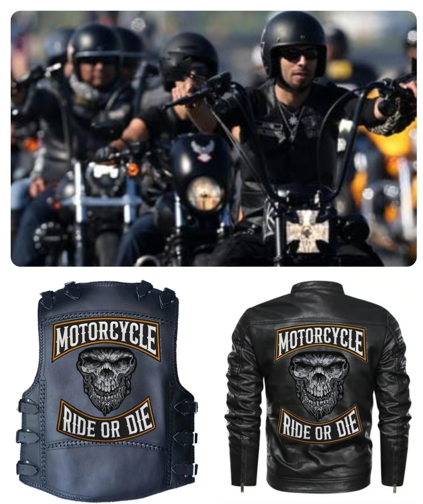 Set 2 Toppe ricamate Biker " Motorcycle | Ride Or Die " + Teschio Malvagio Patch Termoadesive per gilet e giubbotti moto, per decorare giacche, accessori abbigliamento, fai da te. (Set Malvagio)