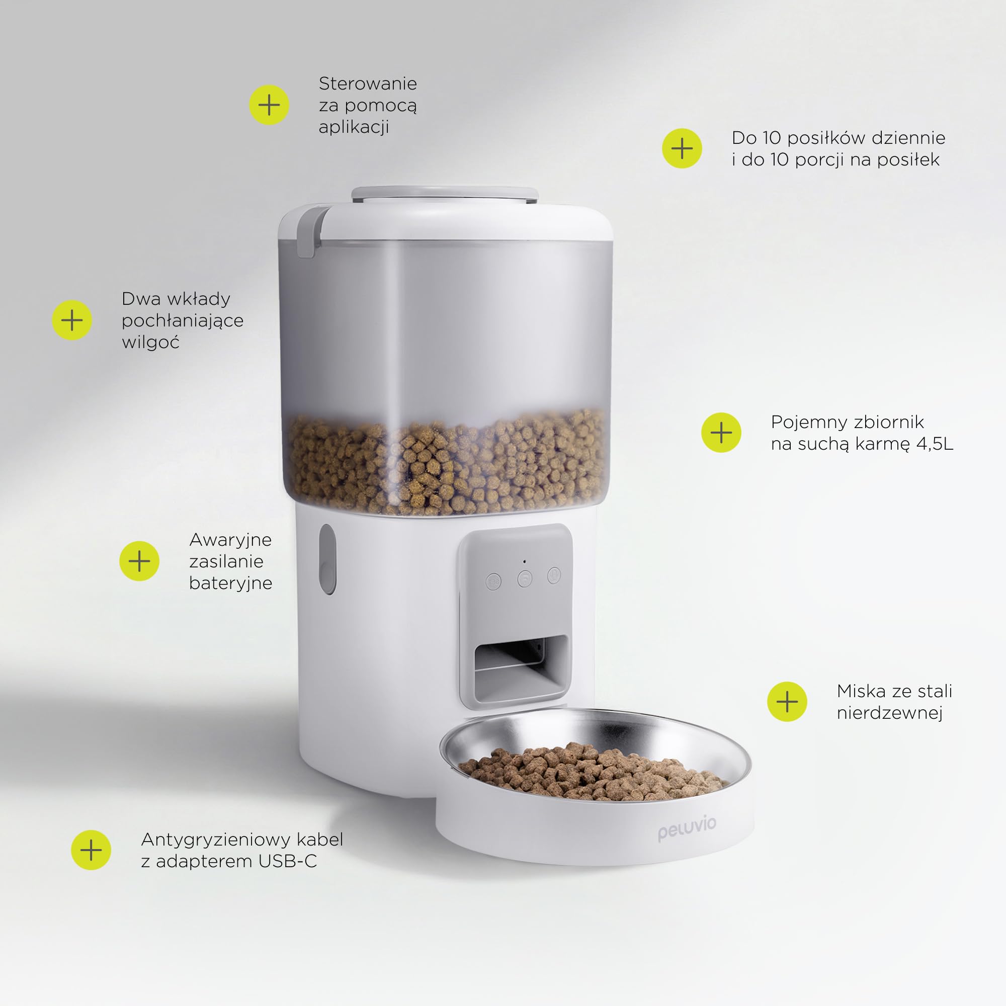 Peluvio Crispy Wi-Fi automatyczny dozownik karmy dla psa z aplikacją Wi-Fi, timerem i nagrywaniem głosu, do 10 posiłków dziennie, pojemnik na suchą karmę 4,5 l, 5-15 mm, 2,5 m kabel zapobiegający