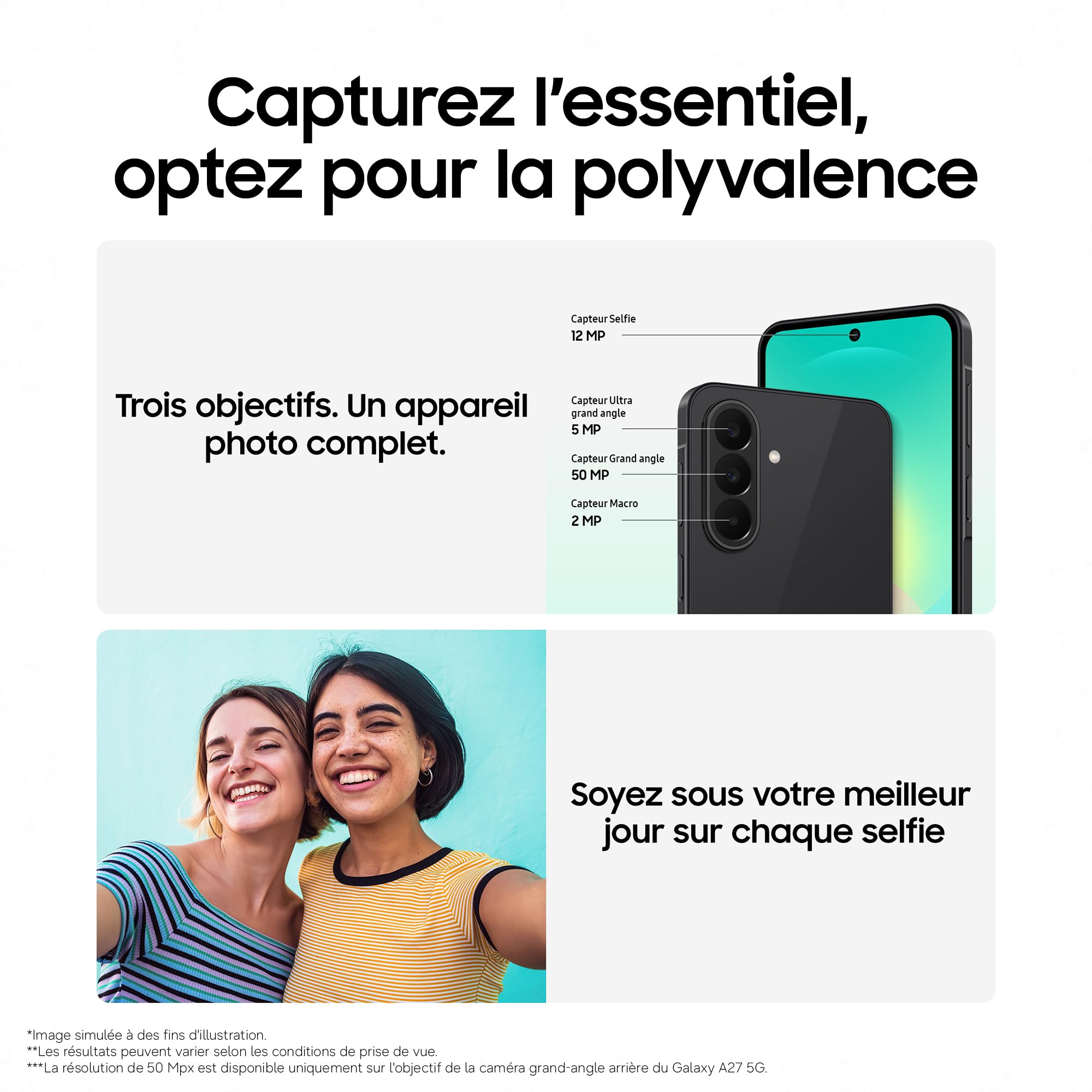 Samsung Galaxy A27 5G, Smartphone Android, 128 Go, Bleu, Version FR | Entourer pour Chercher, Effaceur d'Objet, Transcription Vocale, 3 Objectifs Photo, IP64, Batterie 5000 mAh, 6 générations OS