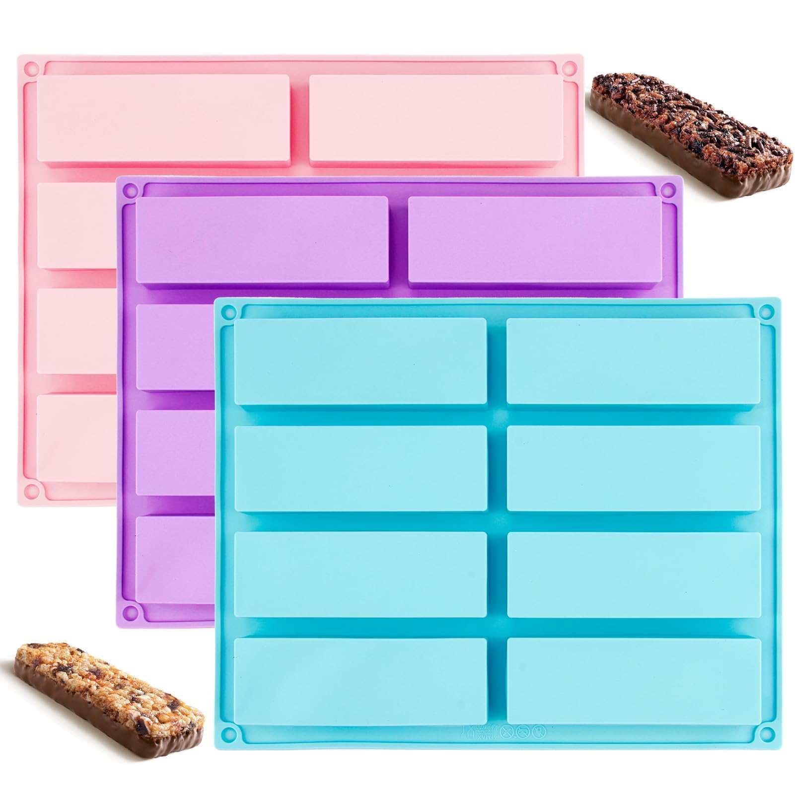 3 Stampi Rettangolari In Silicone Per Barrette Energetiche, 24 Cavità Totali, Antiaderenti, Resistenti Al Calore (-40°C A 230°C), Senza BPA