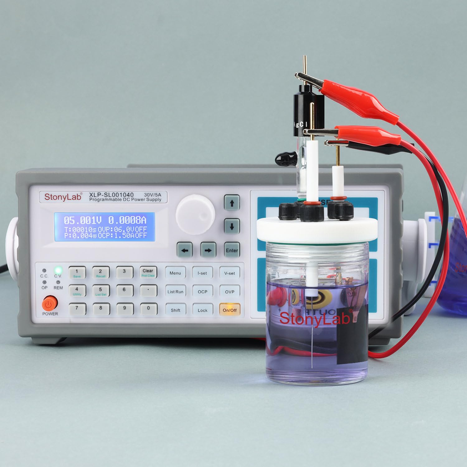 stonylab Alimentation DC, 0-30V 0-5A, Affichage à Écran Bleu à Résolution 0,1 mA, Alimentation DC Programmable de Précision pour les Tests Électroniques et la Recherche en Laboratoire