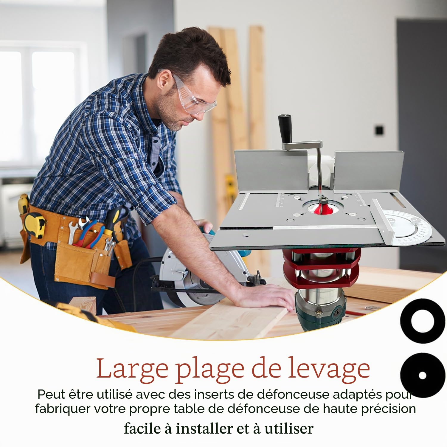 Kit défonceuse Sur Table Aluminium, 65 mm De DiamèTre Défonceuse Sous Table Routeur Lift, Table Défonceuse Kit pour Rainures Et Bordures De Table (Argent + Rouge)
