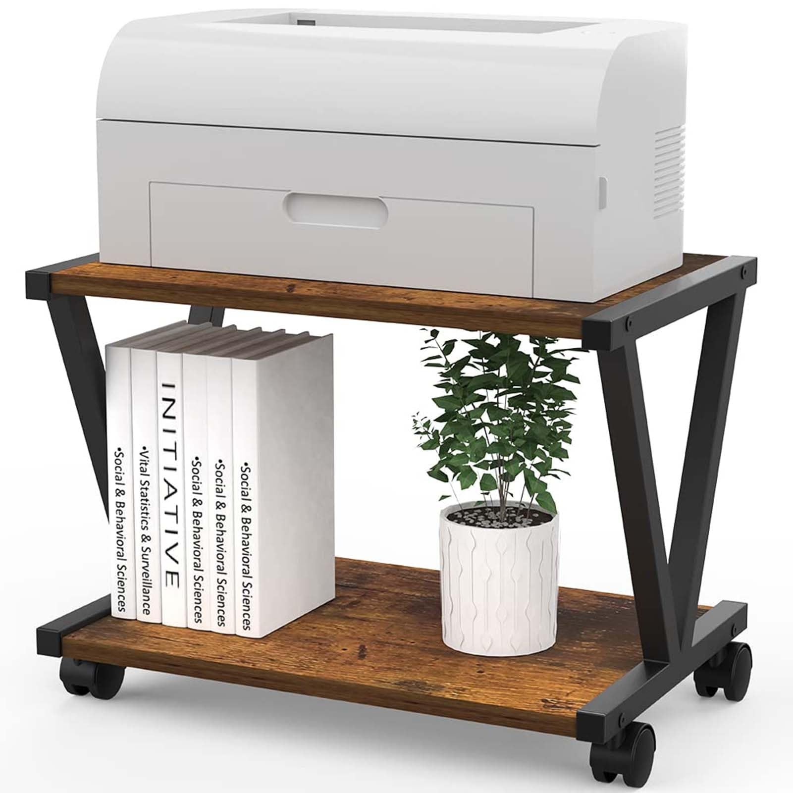 2-Tier Rolling Printer Stand, Modern Office Storage Rack for Home &amp; Desk Organization, Brown Desktop Organizer with Wheels, Ideal for Small Spaces (Brown)