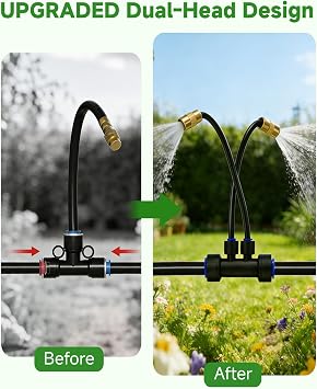 66FT Drip Irrigation System with Timer, Automatic Watering System Kit with Solid Brass Metal Connectors, 360 DualOutlet Adjustable Nozzles for Garden, Yard, Lawn, Greenhouse & Potted Plants