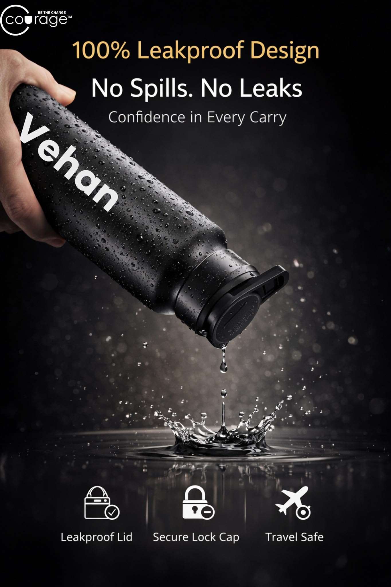 COURAGE Stainless Steel Customize Sipper Water Bottle 1Liter Leak Proof for Fridge Home Office Travel School Kids Boys Girls Adults Sports Gym Yoga - Black — Amazon image 4