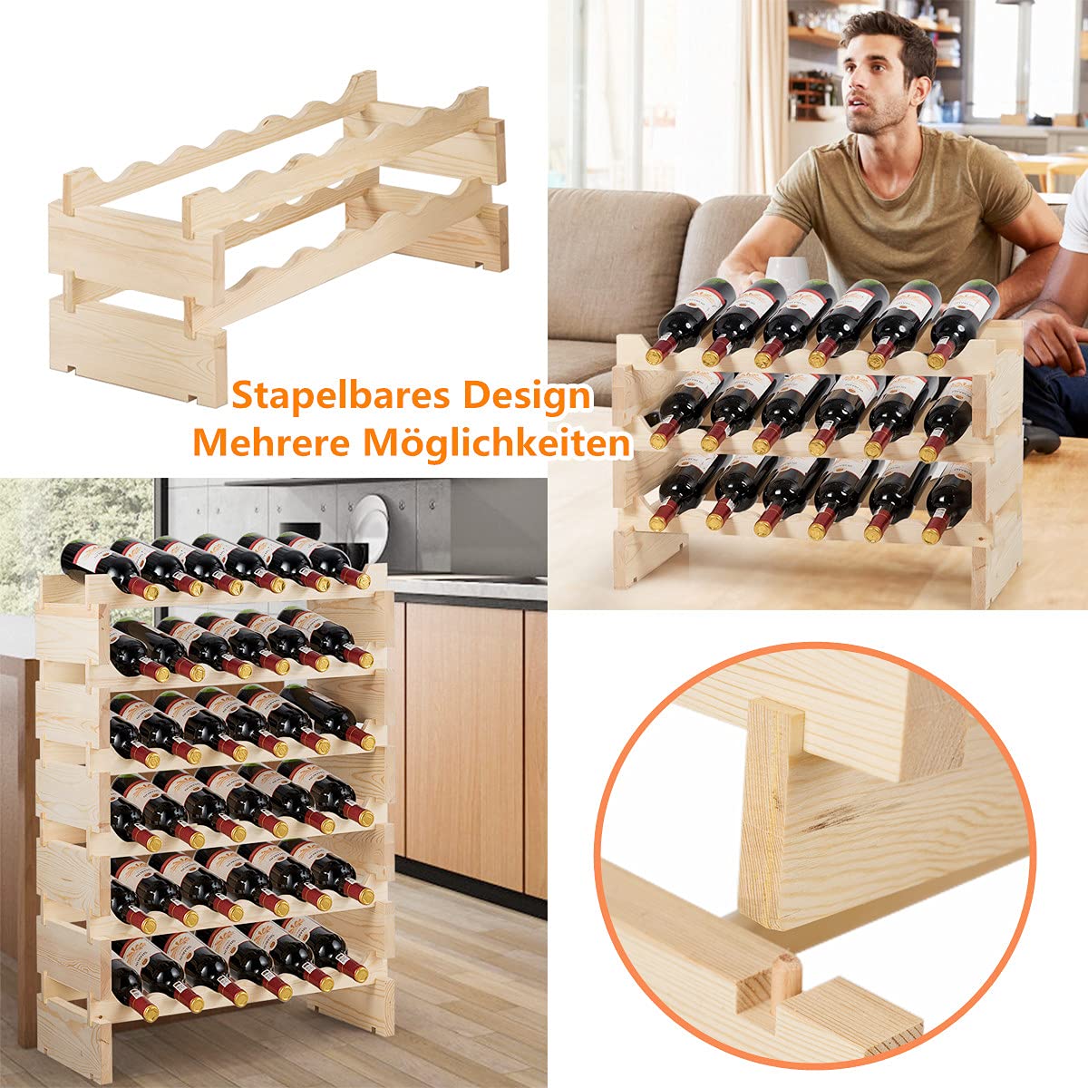 RELAX4LIFE Weinregal aus Holz, Weinschrank für 36 Weinflaschen, stapelbar & Stehend, Weinständer für Esszimmer & Restaurant & Kneipe & Bar, ideales Weinfalschenregal für Weinliebhaber & Sammler