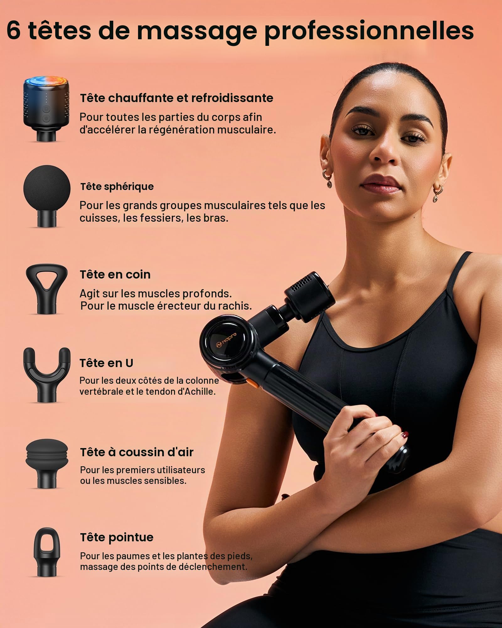 Pistolet de massage,NAPRE Pistolet de Massage Musculaire avec Tête Chaude et Froide,Pistolet Massage Musculaire avec Poignée étendue et 3 Angles,Massage Gun Pour Dos épaules,Jambes,Muscles,Noir