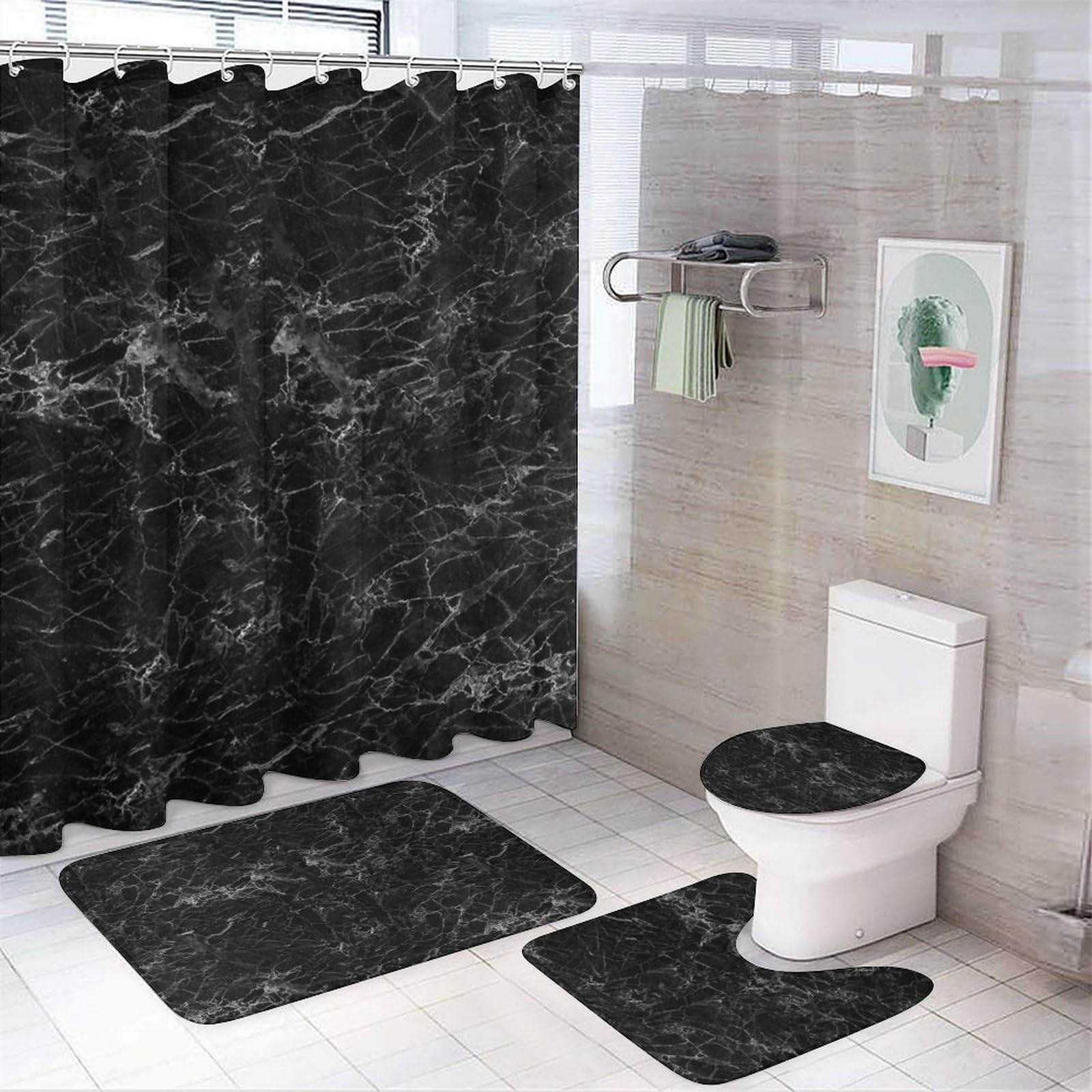 JZemdybill Bathroom Mat Set 4 Piece, Black Marble Shower Curtain with Non-Slip Bath Mats for Bathroom
