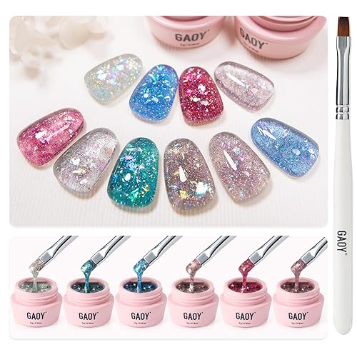 GAOY Juego de 6 esmaltes de uñas de gel con purpurina reflectante, incluye esmalte de gel rojo, rosa, blanco y azul, esmalte de uñas de secado con