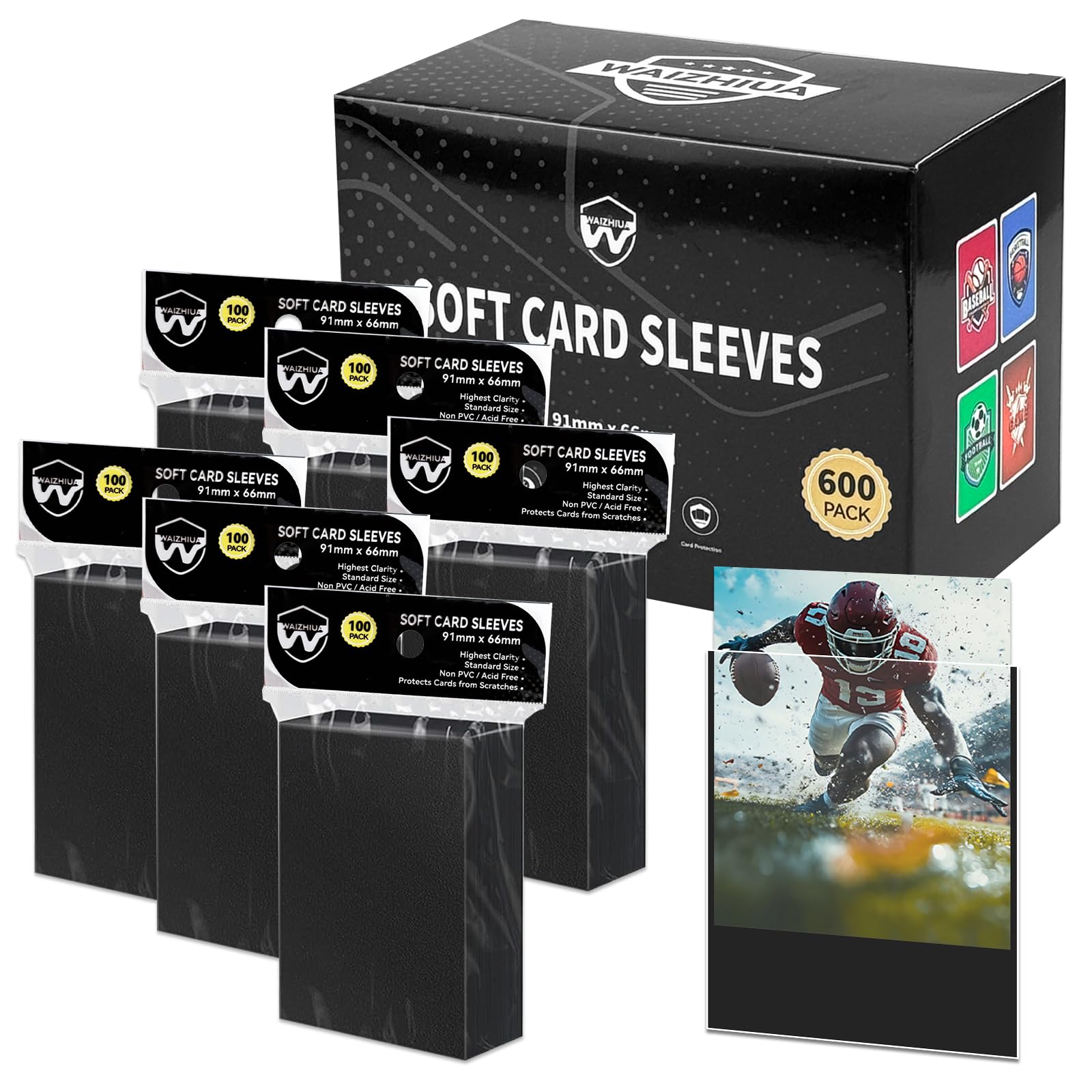 WAIZHIUA 600 Pieces Pro Card Sleeves - 66x91mm Standard Size Penny Sleeves, Top Loaders for MTG, Sports Cards, Acid-Free Non-PVC, Waterproof & Ultra-Clear Protection โ image 1