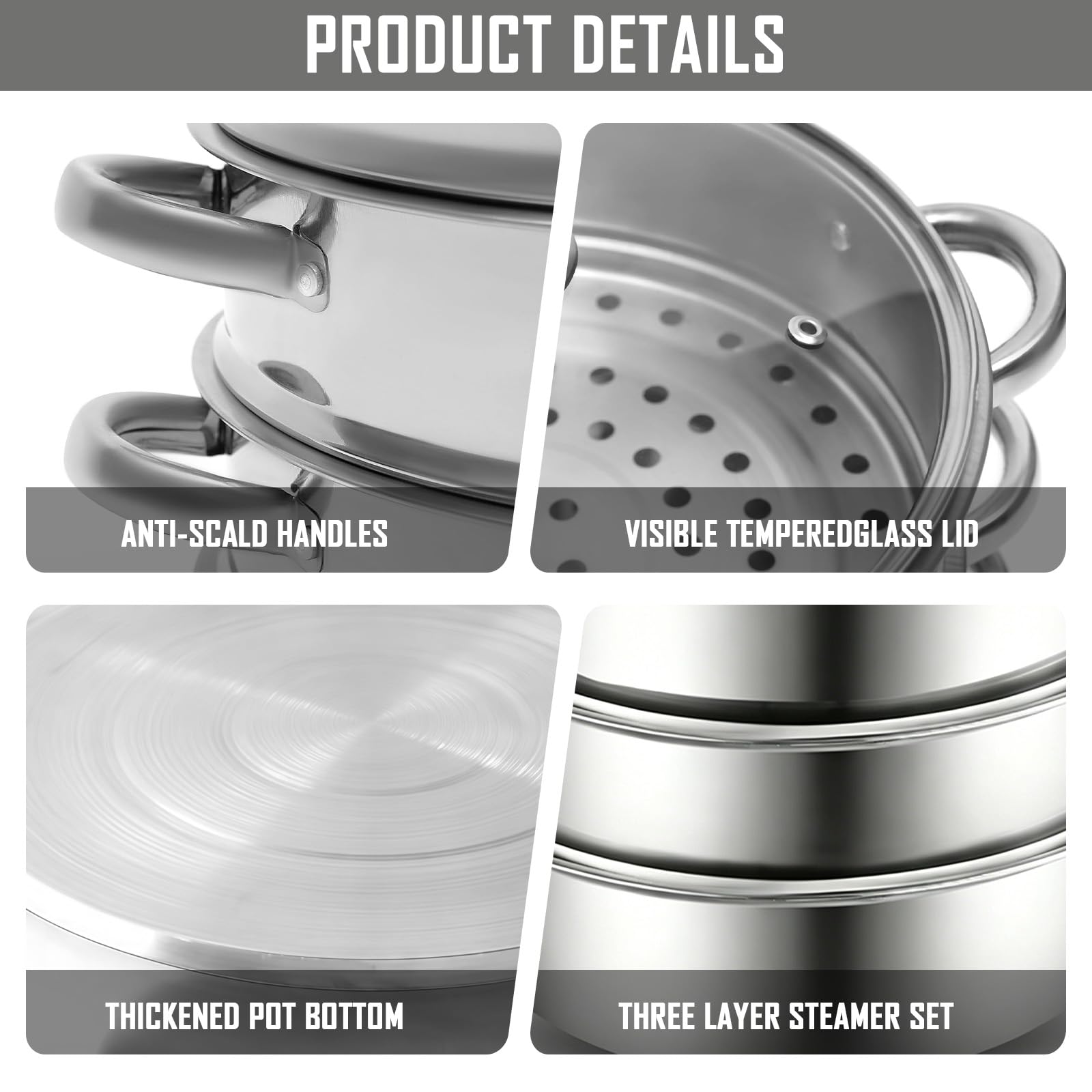 Olla Vaporera 28cm – Cocción al Vapor en Acero Inoxidable de 3 Niveles con Tapa de Vidrio – Para Sopas, Verduras, Pastas y Mariscos – Apt para Inducción y Lavavajillas