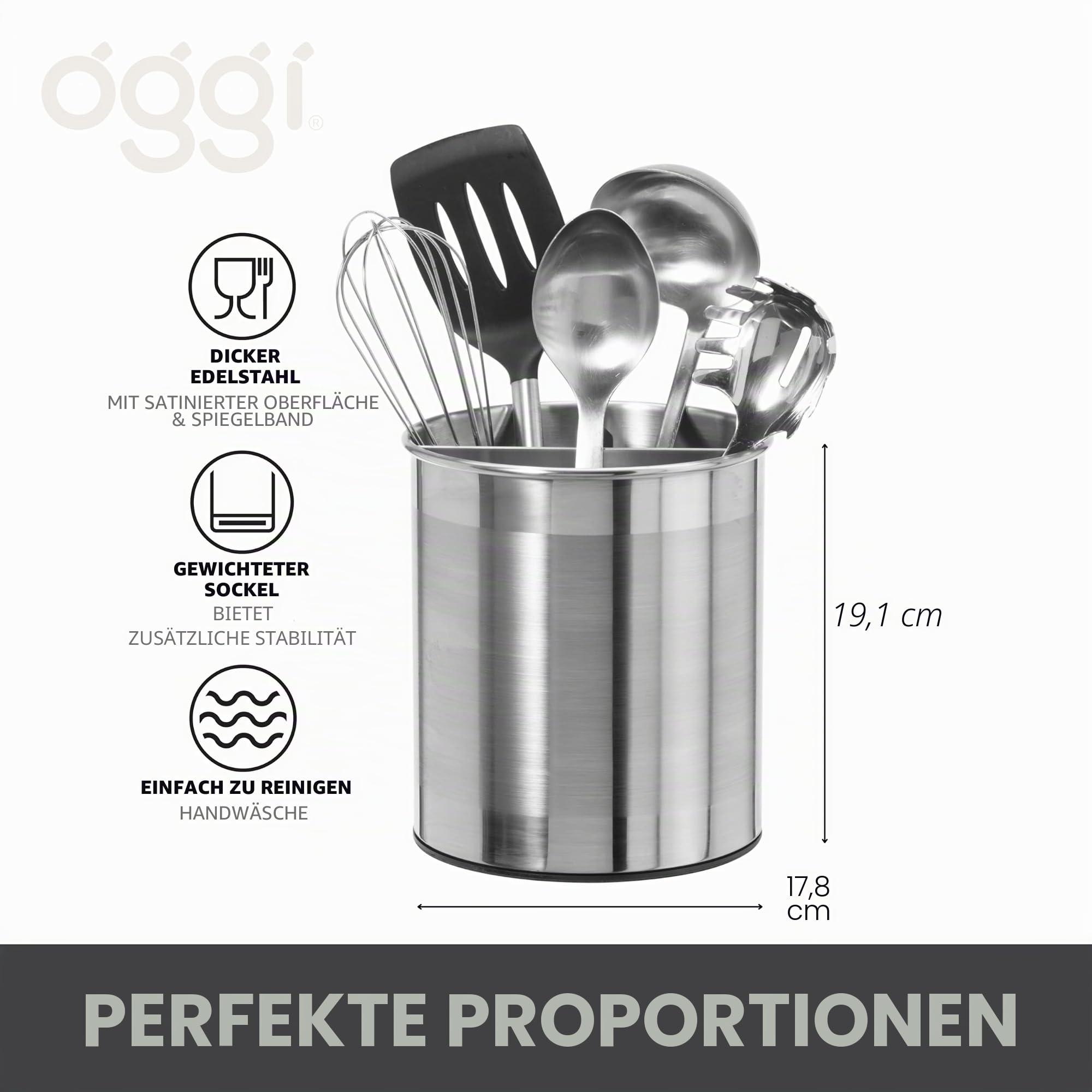 Oggi Jumbo-Utensilienhalter aus Edelstahl, drehbar, mit herausnehmbarer Trennwand, stilvolle Küchenutensilien-Organizer, Höhe 19 cm