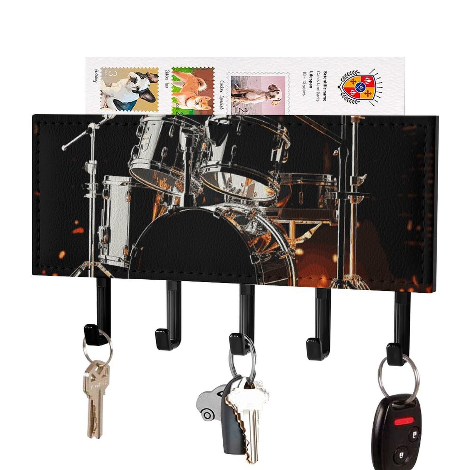Fekiloot Black Drummer Key Holder For Wall Adhesive, No Drilling, Key Hooks With 5 Hooks Wall Mounted, Self Adhesive Keys Rack For Entryway, Hallway, Living Room, Kitchen, Office