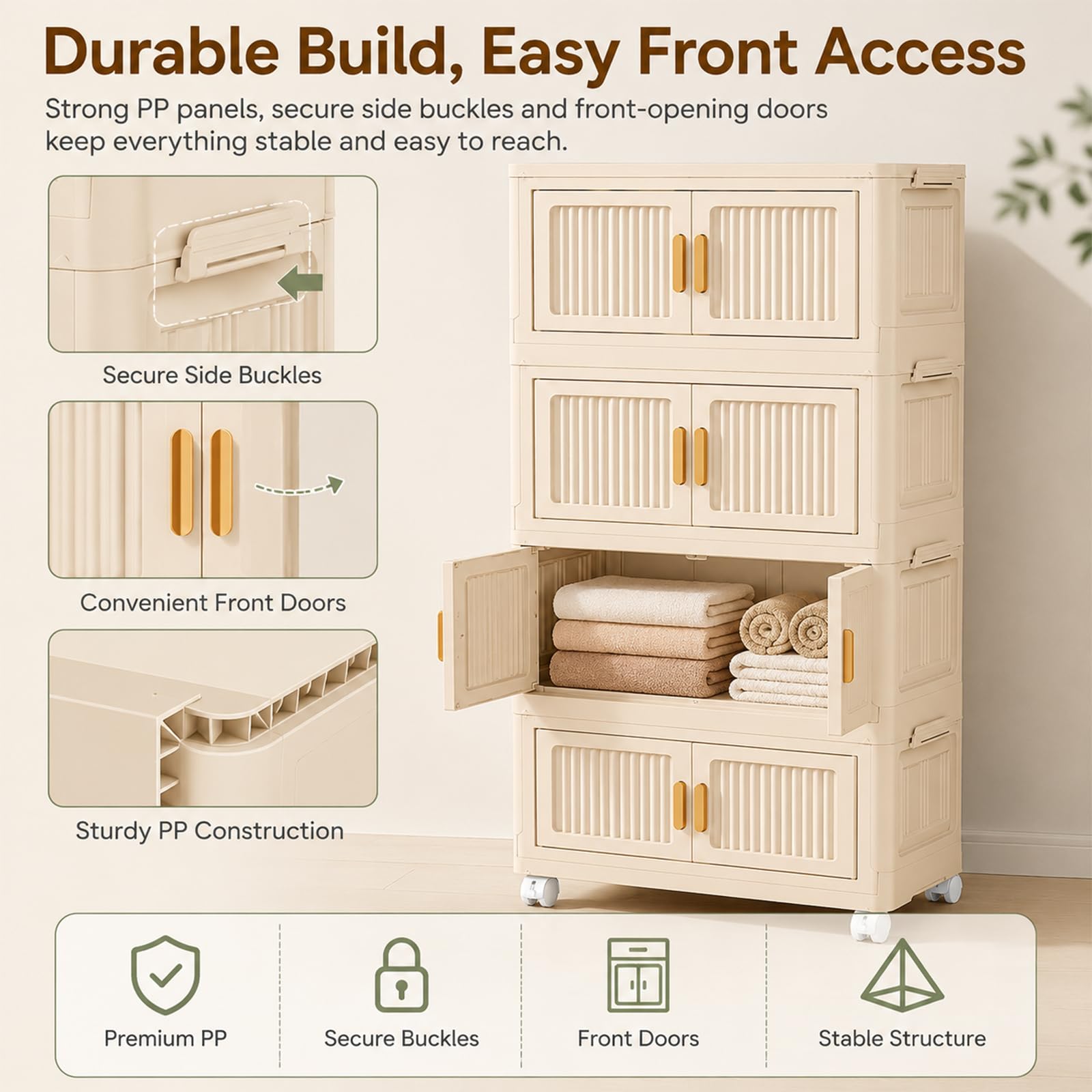 Caja de almacenamiento con tapa de 4 niveles, armario apilable con ruedas plegable, cajas de almacenamiento para dormitorio y cocina, organizador móvil de plástico crema, 45 x 27 x 89 cm