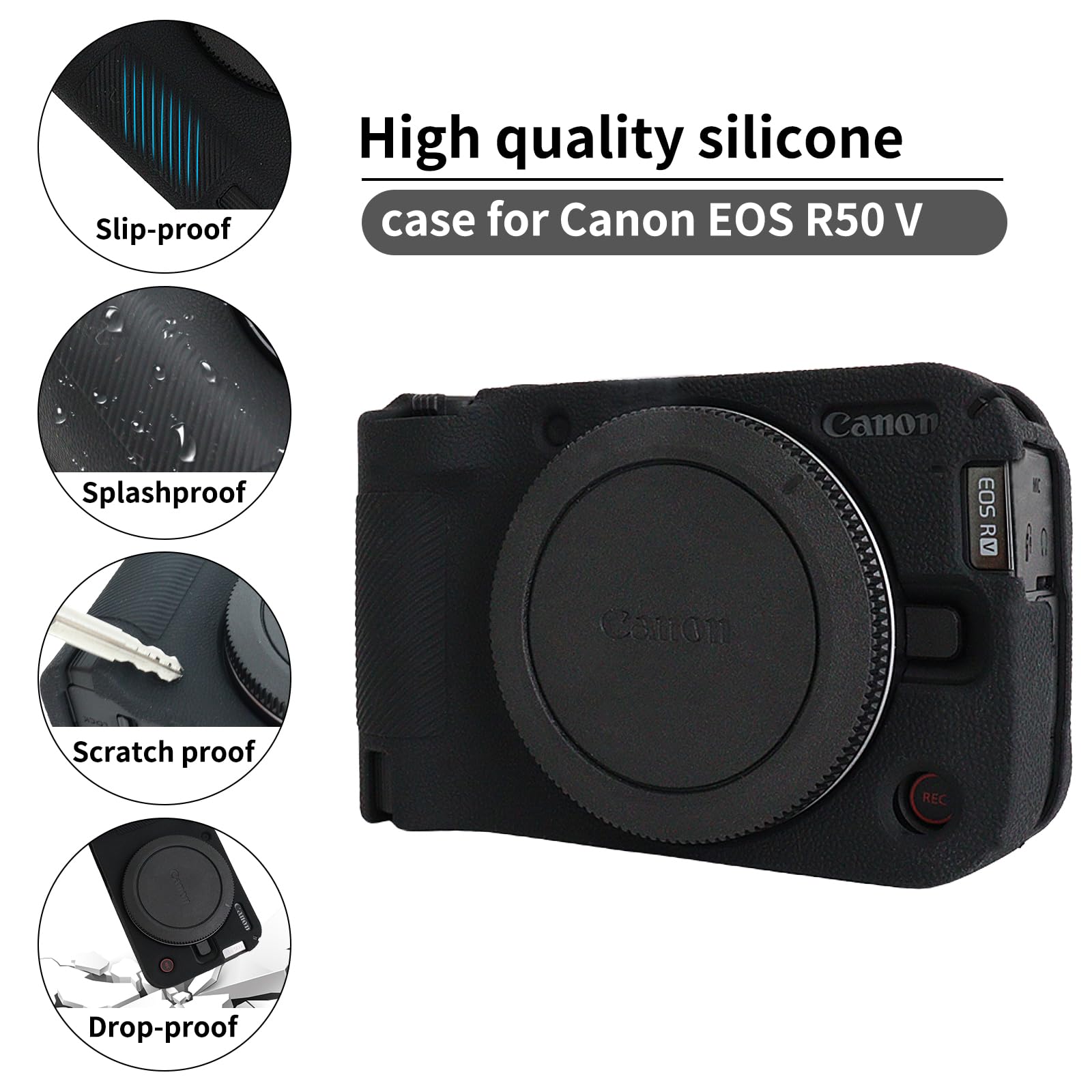 Rieibi Coque en silicone pour appareil photo Canon EOS R50 V, étui de protection souple pour appareil photo Canon EOS R50V avec 2 films de protection d'écran Noir