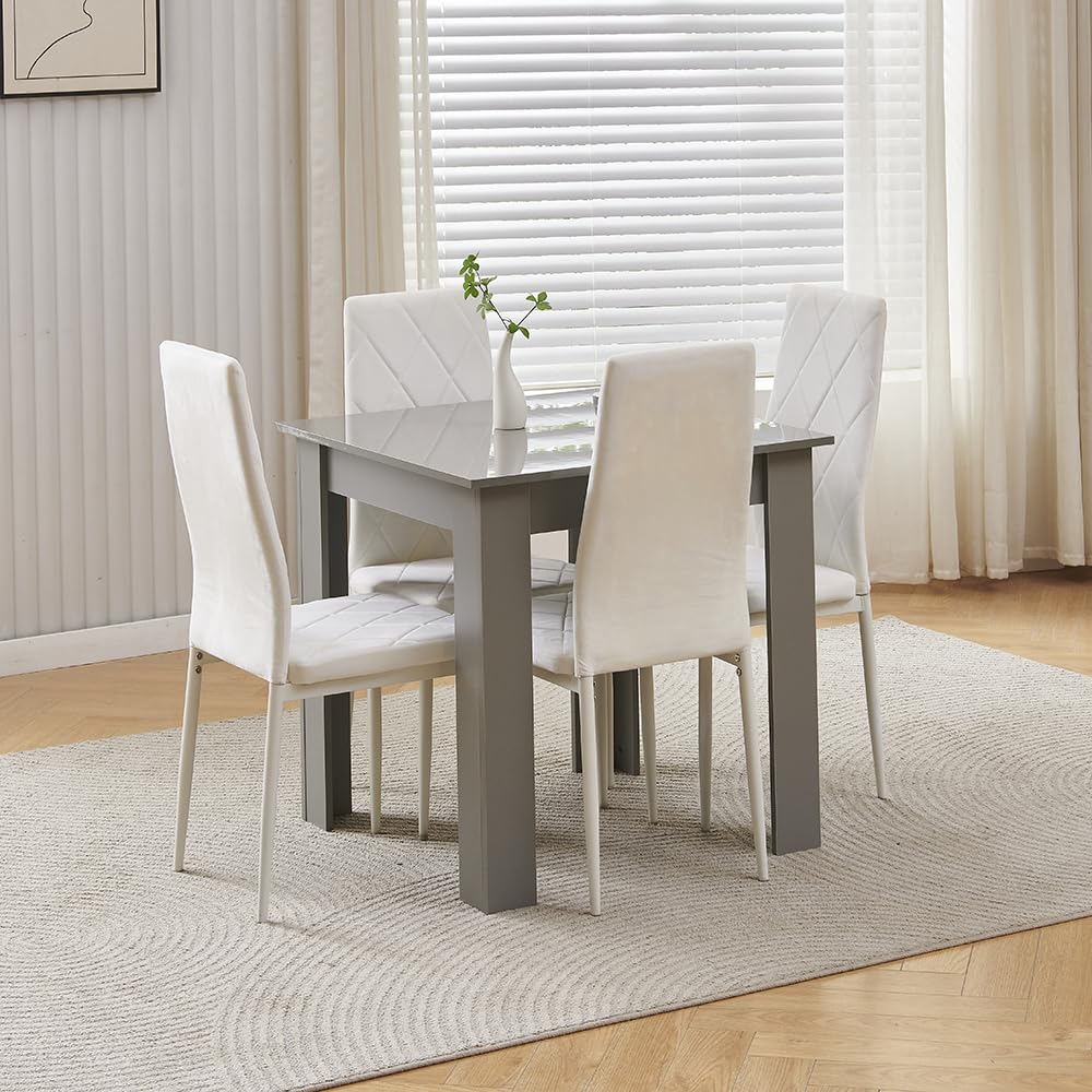 Homullel 75x75 cm Small Dining Table and 4 Chairs, 4 Seater Table and Chairs Set Kitchen Dining Room Set for 4, Compact, Space Saving, Wooden, Glossing Tabletop Grey (4 Seats, Flannel White #2)