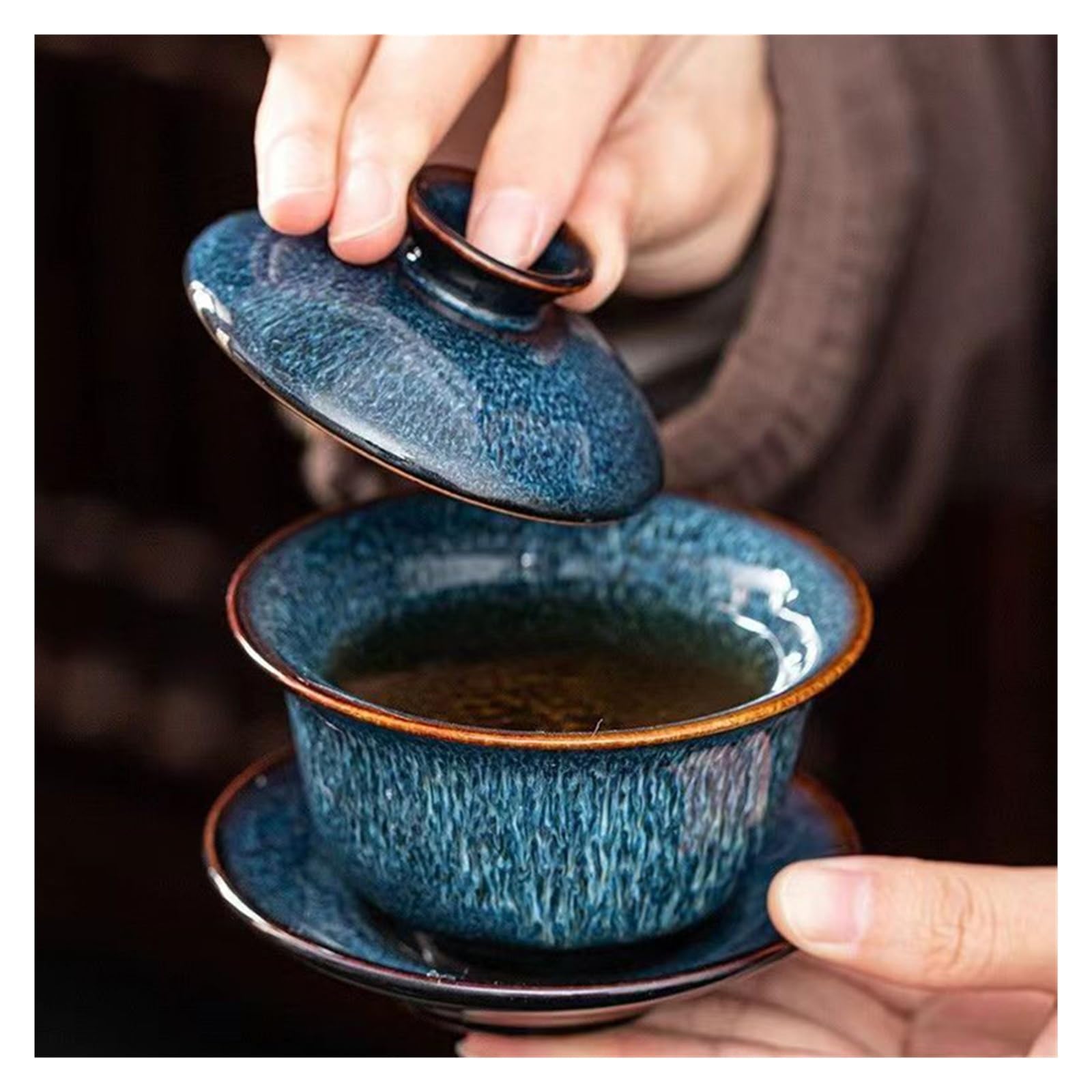 Blue Star Glaze Gaiwan, handgezeichnetes Lotus-Porzellan-Teeservice | Blaue Sternglasur, handgezeichneter Lotus, Porzellan-Gaiwan, Tee-Set, Deckelschale, Teezeremonie, Wohndekoration, Geschenk