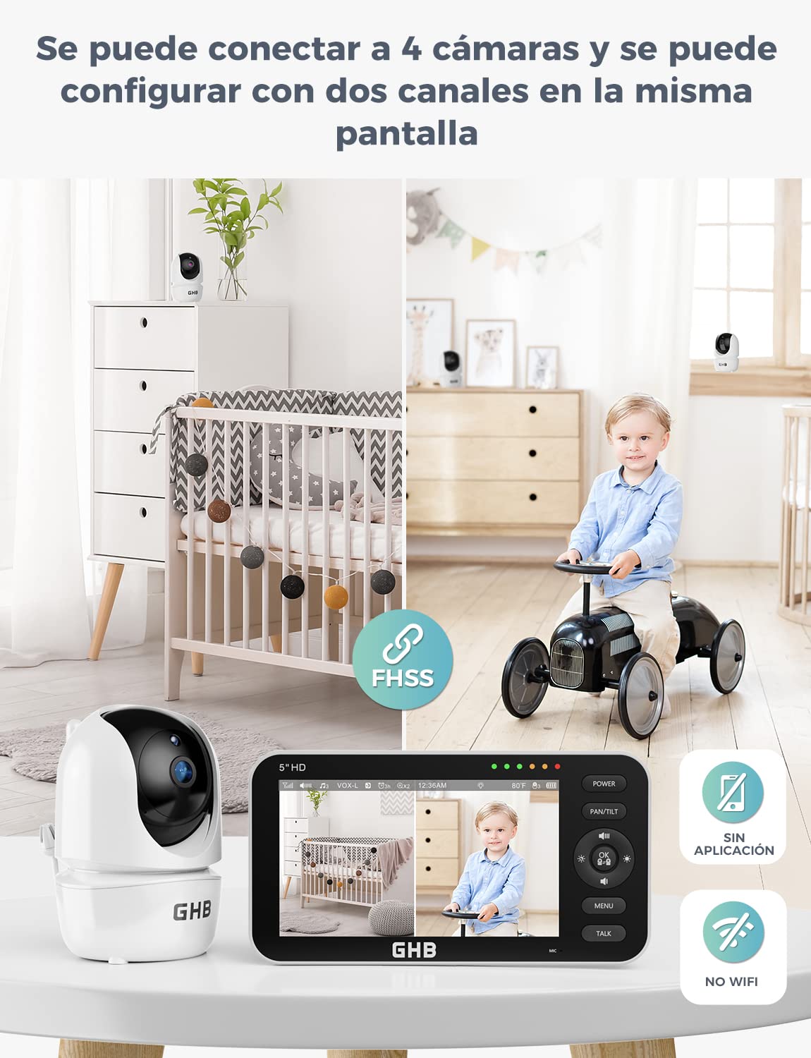 GHB Camara Vigilancia Bebe con 5" HD Pantalla Vigilabebés con Cámara, Batería de 4000mAh Pantalla Dividida, 4×Zoom, Visión Nocturna, Comunicación Bidirecciona Escucha Bebes