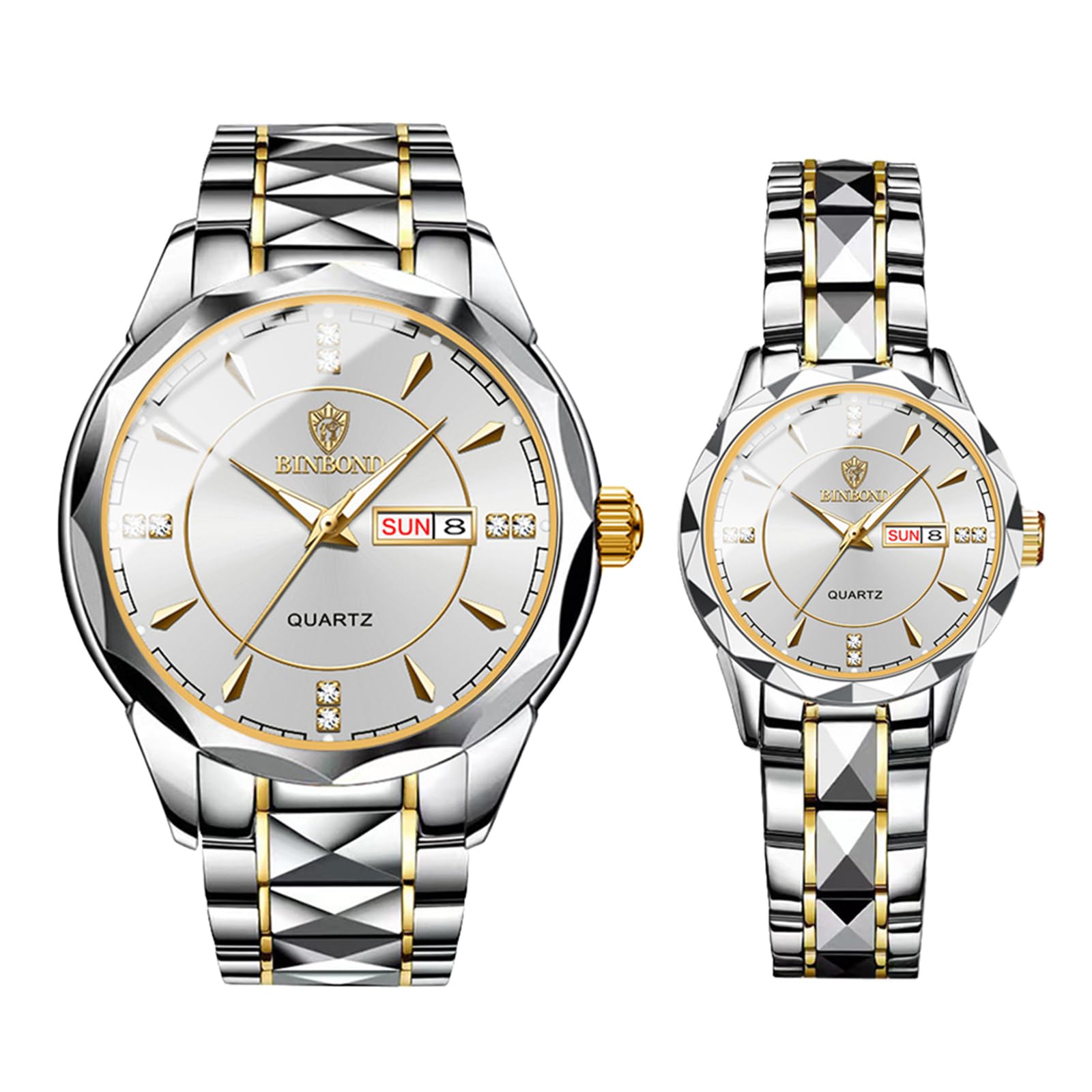 Ibohevo Quartz Analog Couple Watches:: Men and Women Rhombus Stainless Steel Luminous Hands Date 3 ATM Waterproof Business Casual Valentine's Day Christmas Watch Gift Sets