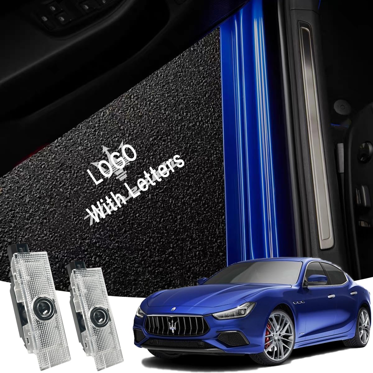 2PCS Never Fade Car Door Lights Logo Compatible with Maserati Accessories, Ghost Shadow Welcome Puddle Projection Light for Maserati Quattroporte Ghibli Grecale Levante (Logo with Letters)