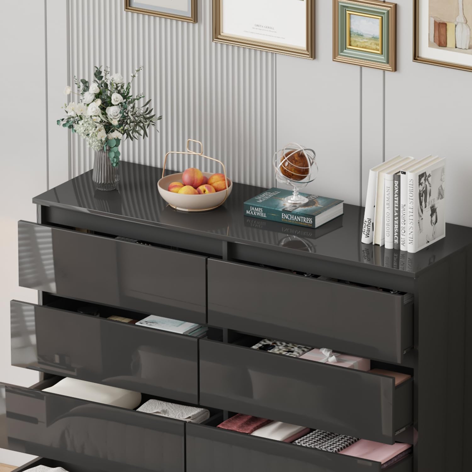 LSLIFE Weiße Kommode mit 6/8 Schubladen Hochglanz Schlafzimmerschrank Nachttisch Sideboard Stauraum Möbel für Wohnzimmer Büro Flur (Black 8 Drawer)
