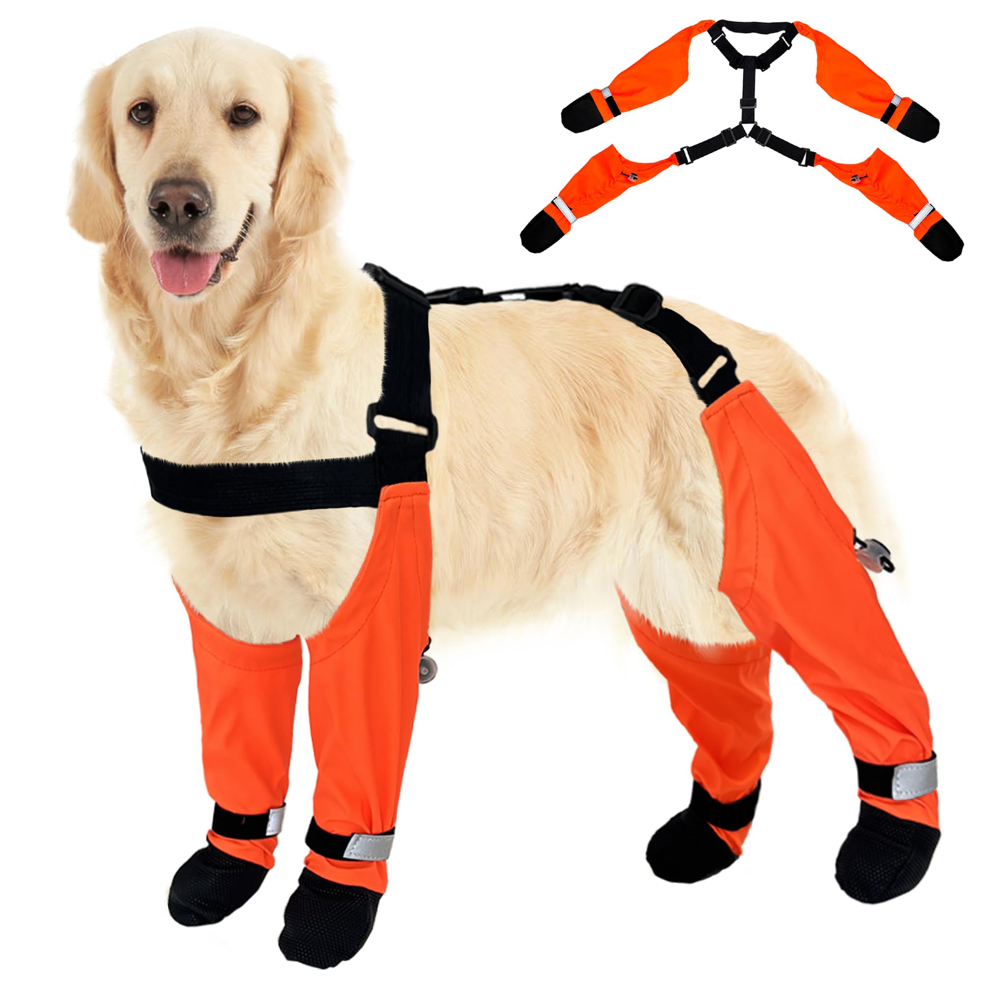 Dog Rain Boots, Waterproof Tall Dogs Suspender Boot, Anti-Slip & Fall Legging Boots Shoes for Medium Large Dogs,Adjustable Dog Paw Protector Shoes with Suspenders for Walk Hike Rain Snow (Orange, M)