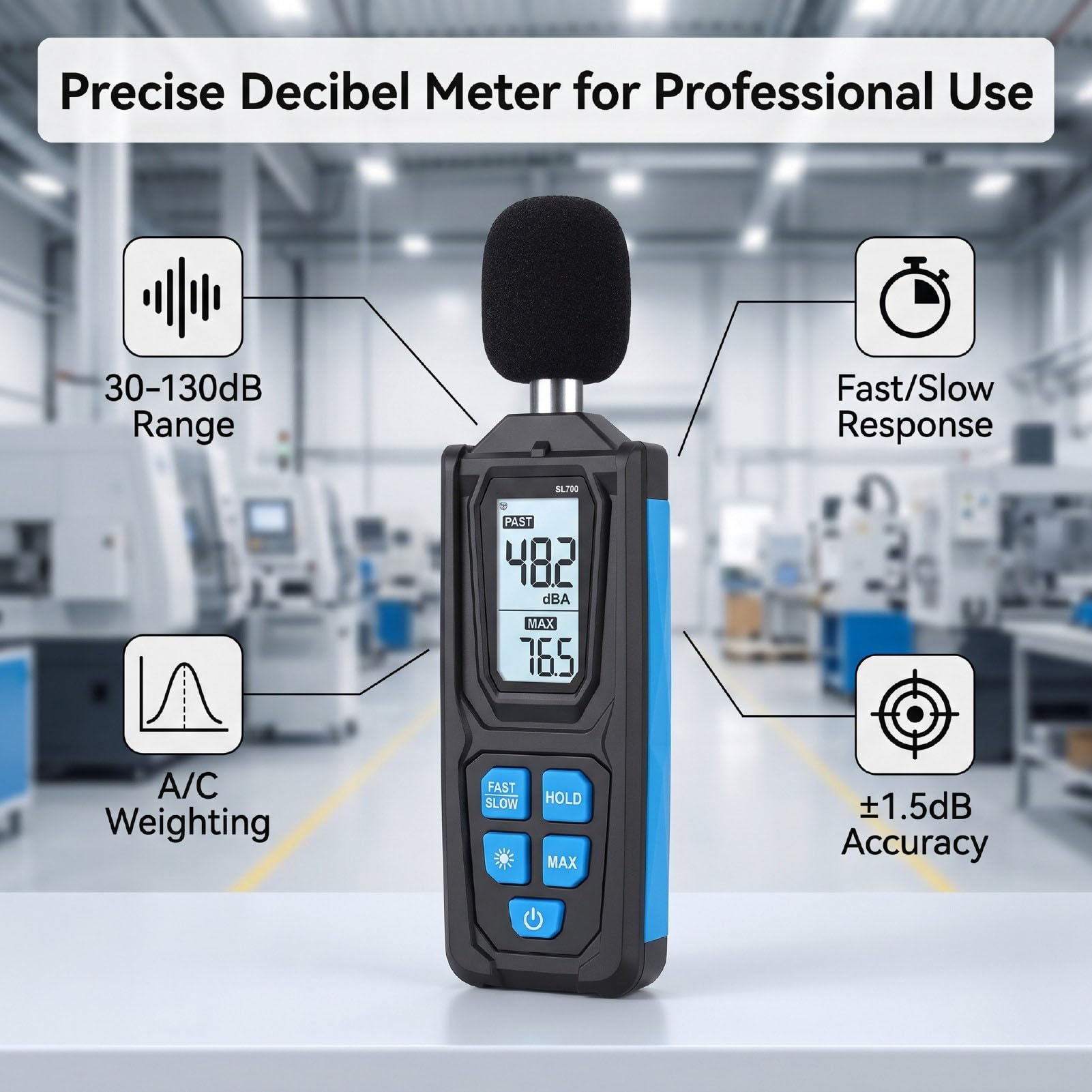 Eujgoov Medidor de Ruido HS-33 30‑130dB con Ponderación de A/C Rápida/lenta | Sonómetro portátil, precisión de 1,5 dB, retención de datos, reinicio del valor máximo, LCD de 4 dígitos, apagado automático