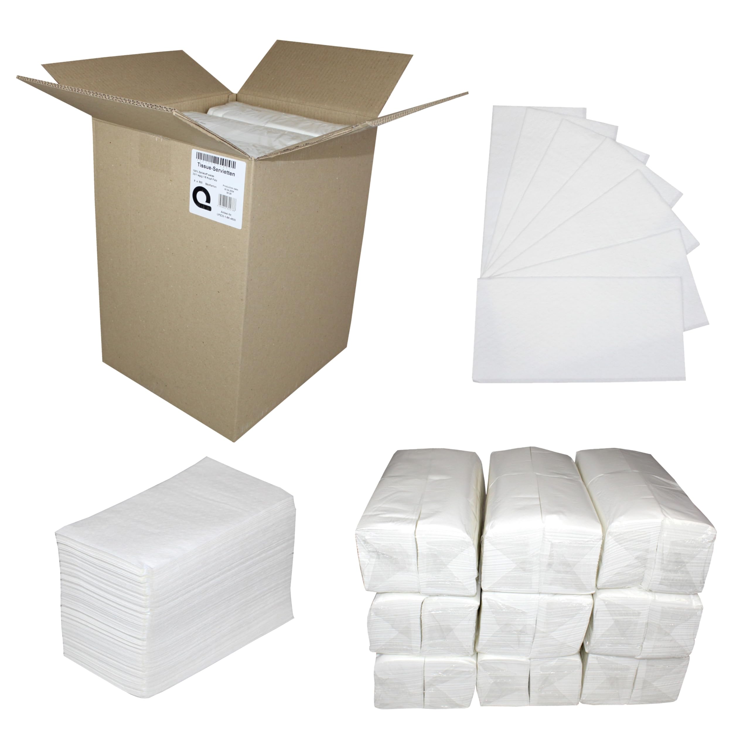 4500 weiße geprägte Servietten | 1/8 Kopf-Falzung | 32 x 32,5 cm | 1-lagig | Zellstoff | 9x500 Stück im Karton | rechteckig | gefaltet: 16x8,5 cm| Huchtemeier