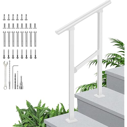 Handrails for Outdoor Steps,Outdoor Stair Railing - Fits 1 to 2 Steps,Easy DIY Installation Kit Included, White Wrought Iron Hand Rails for Outdoor Steps