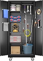 GLADIW Metal Garage Storage Cabinet with Lockable Wheels, Pegboards, Adjustable Shelves & Tool Organizers - Black