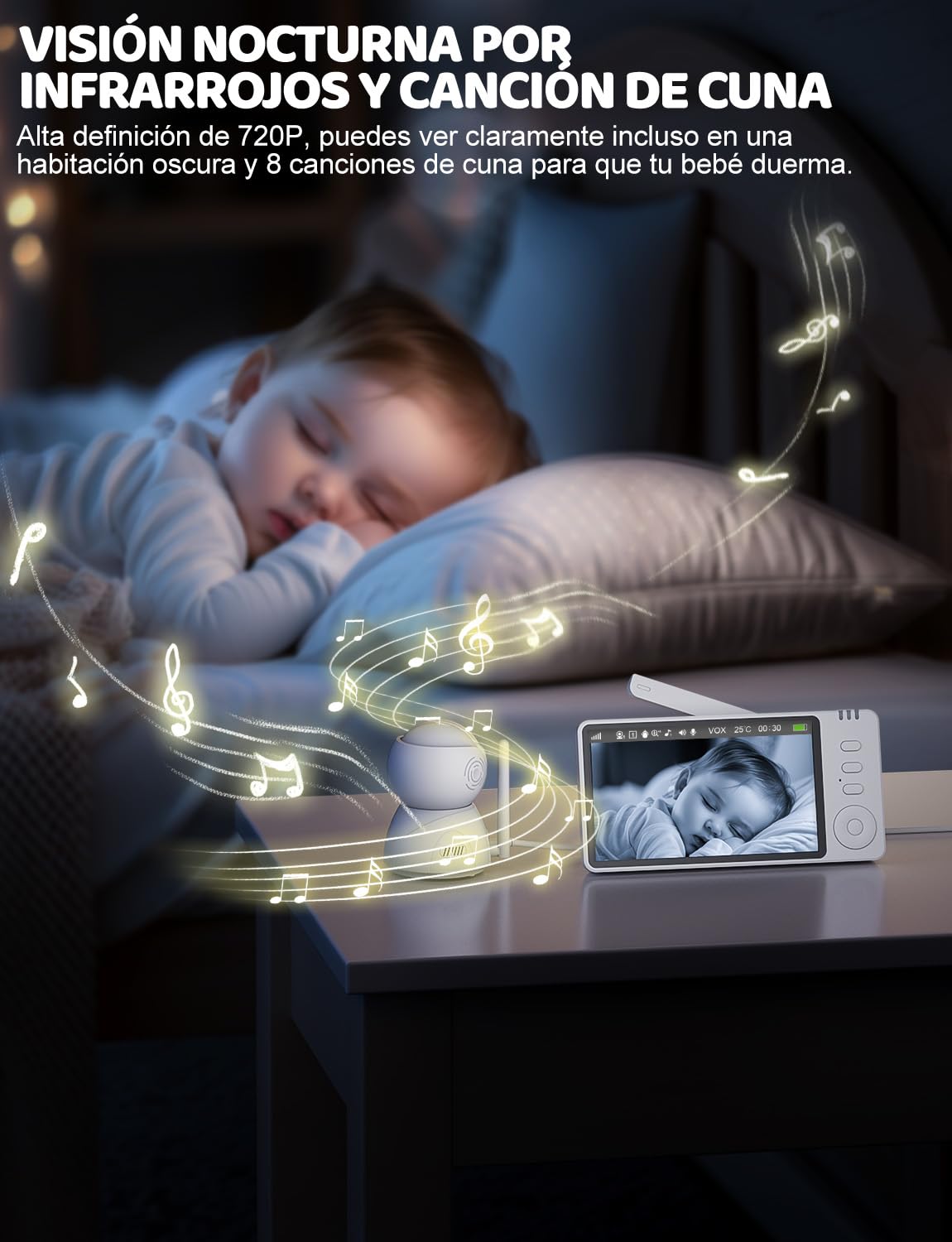 Camara Vigilancia Bebe de 30 Horas, 5'' Vigilabebes con Camara Rotación de 355°, Camara Bebe Inteligente con Visión Nocturna, VOX, Audio Bidireccional, Sensor de Temperatura y Aviso de Lactancia