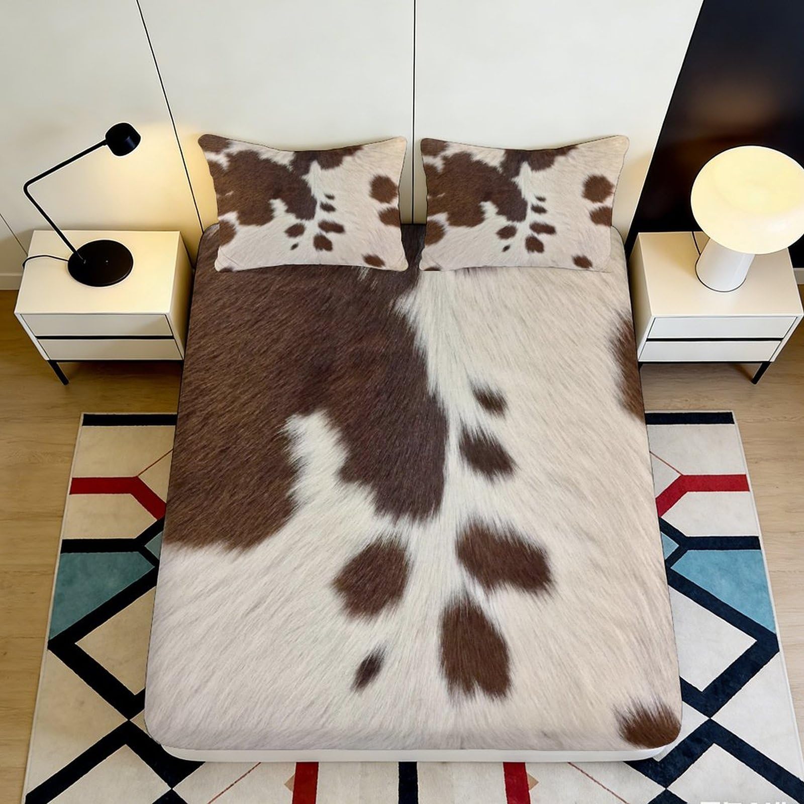 3D Printed Cowhide Pattern Fitted Sheet Microfiber Soft Brown White Animal Mattress Cover for Bedroom Dorm Decor 120x200x25cm