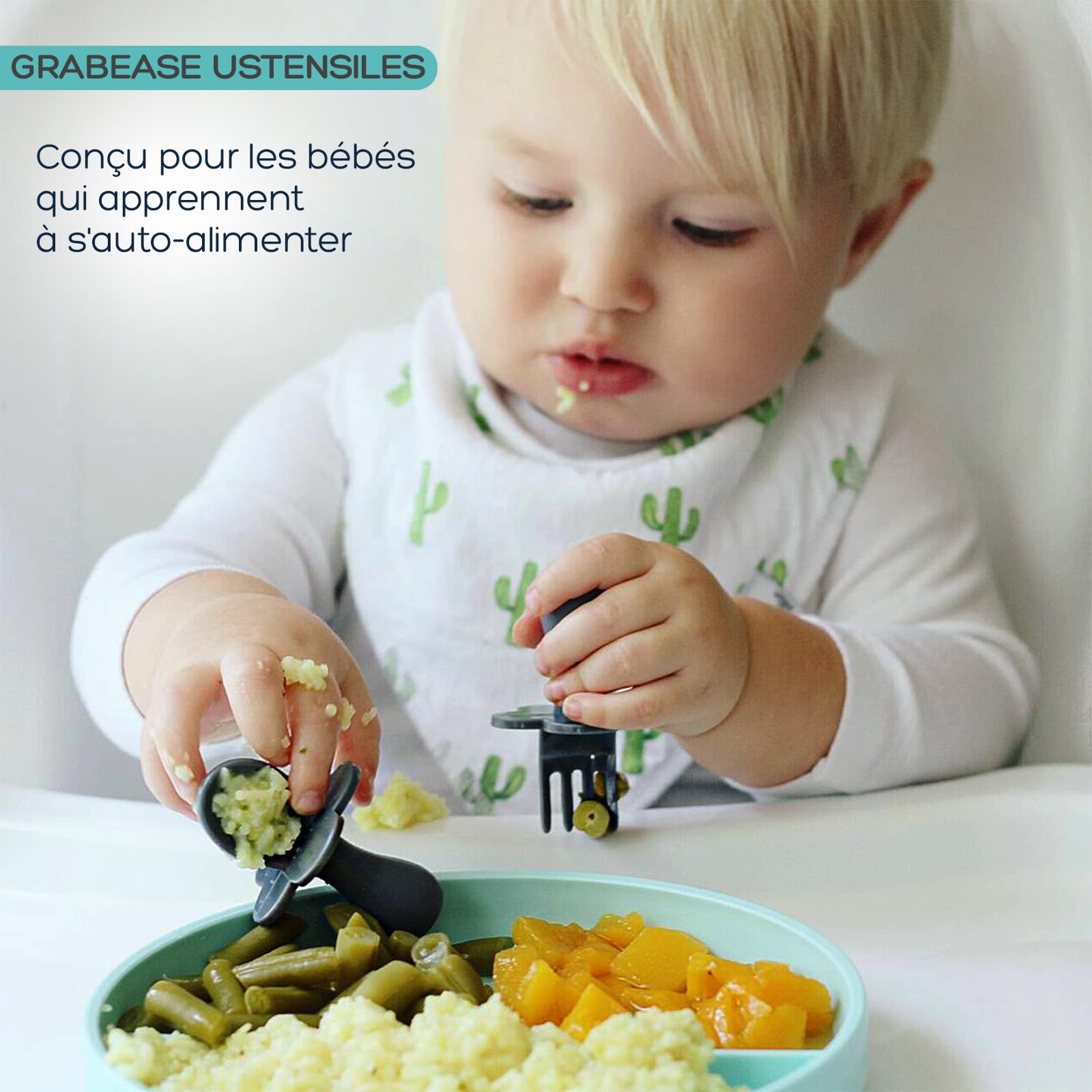 Grabease Argenterie pour tout-petit Cuillères et fourchettes pour bébé Argenterie pour bébé et cuillères, sans BPA et sans phtalate pour bébé et tout-petit, 1 ensemble, Orange