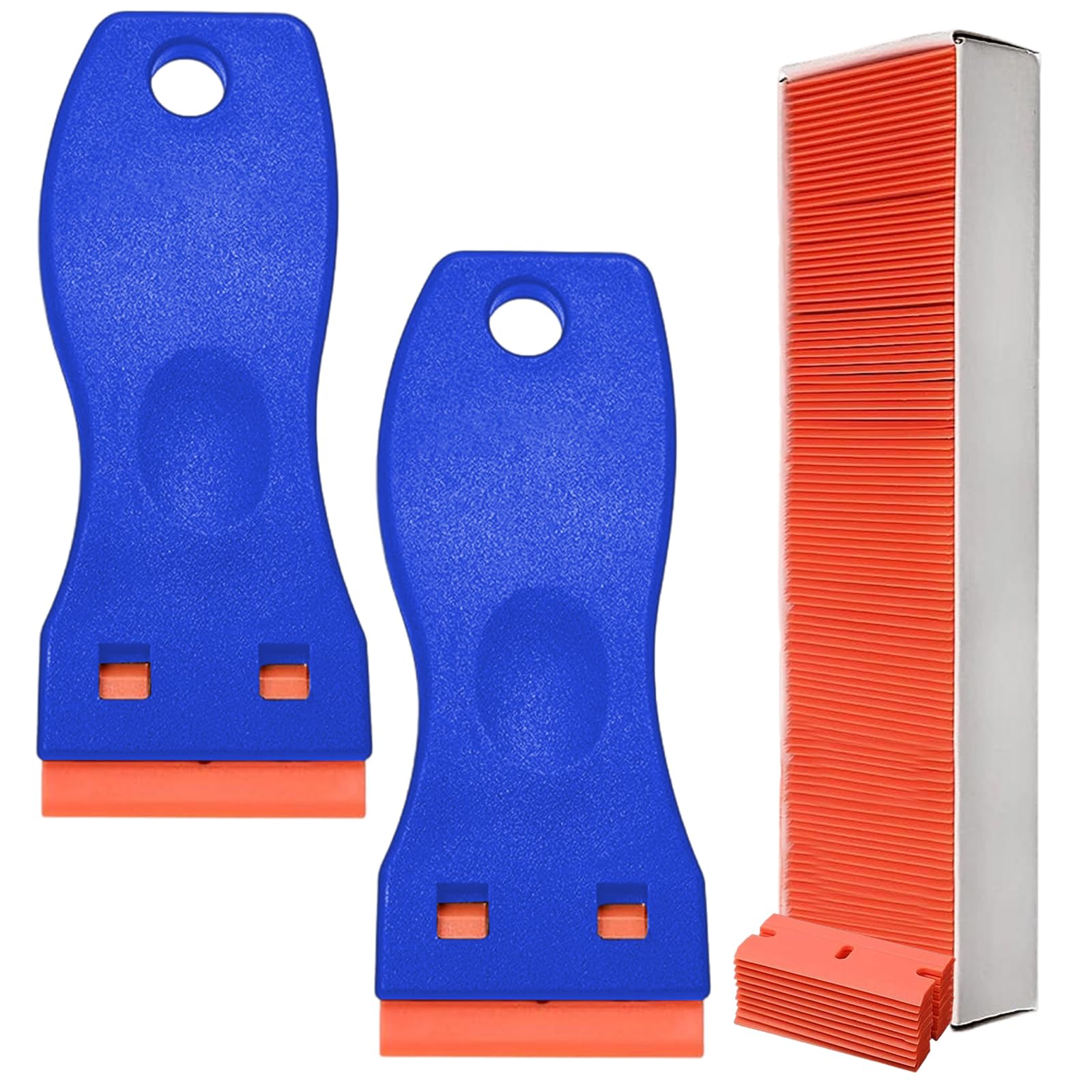 2Pcs Plastic Scraper with 100 Plastic Blades, Multipurpose Non-Scratch Scraper Tool Kits, Adhesive Residue Remover for Removing Lable, Paint, Glue, Decal in The Glass, Window, Floor, Car